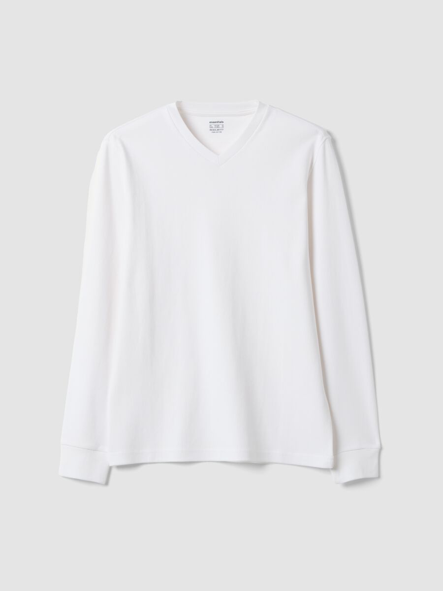 White pure cotton V-neck T-shirt, regular fit_0