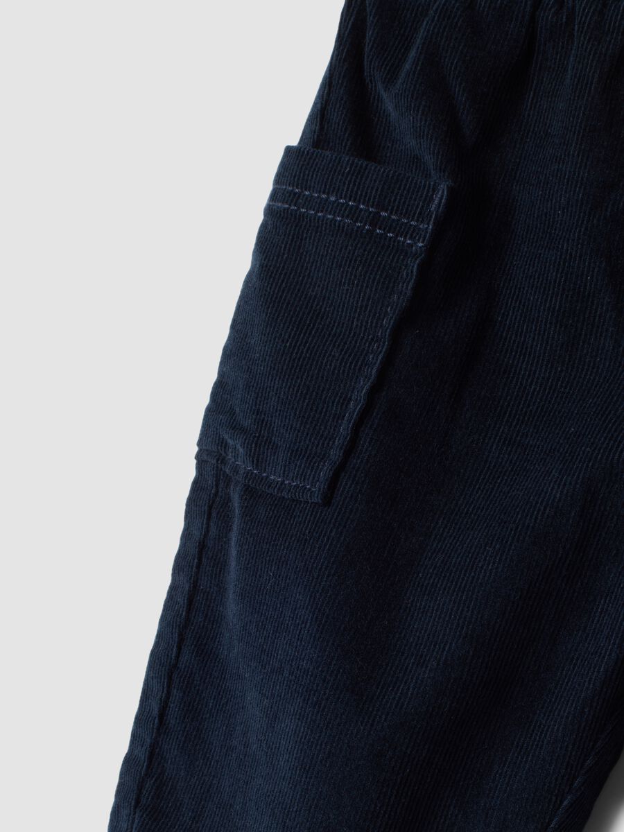 Blue pure cotton cord cargo trousers with elasticated waistband_3
