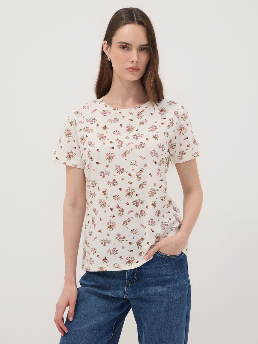 White floral stretch-cotton T-shirt, regular fit_0