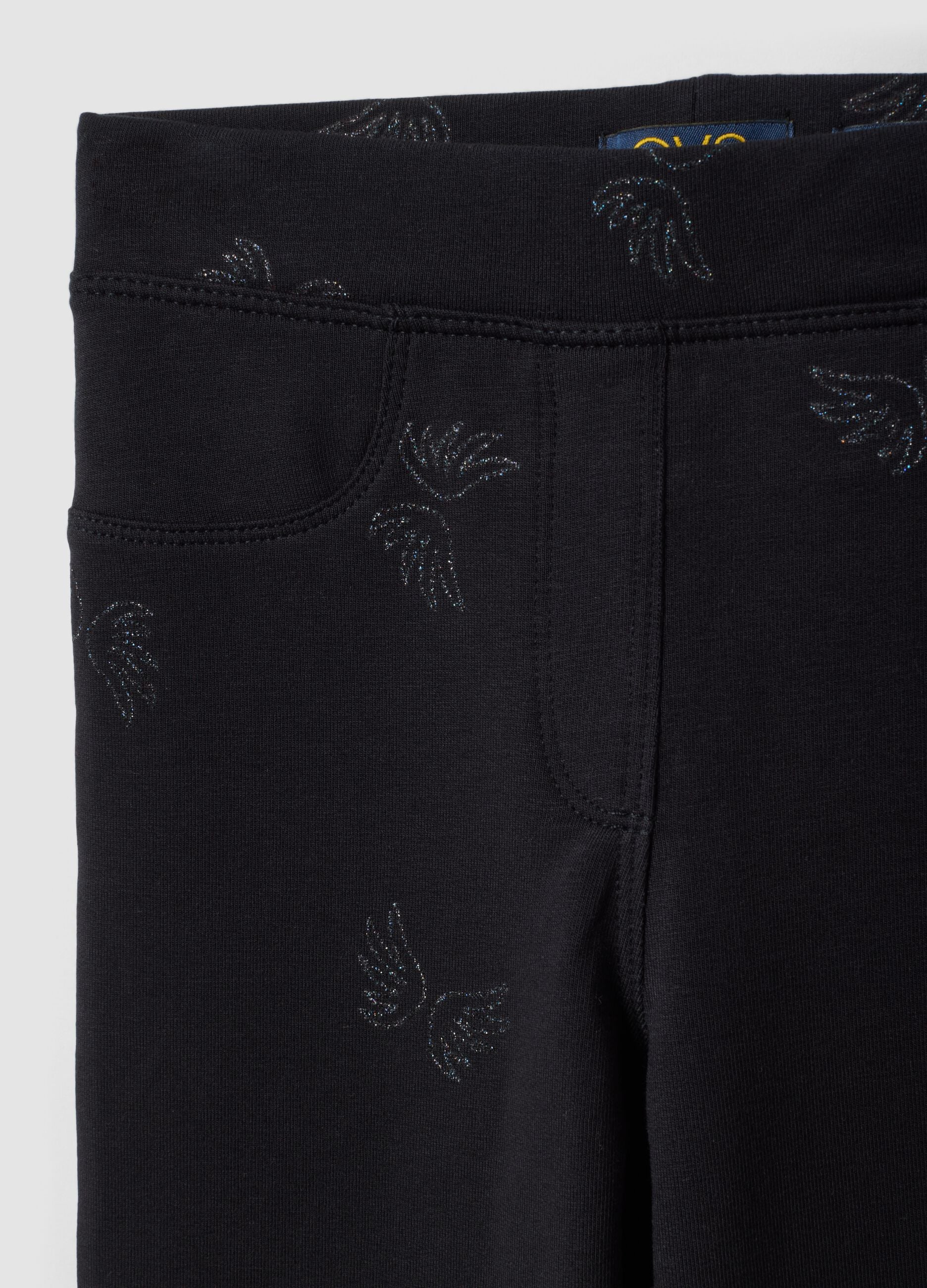 Black flared organic stretch-cotton treggings with glitter wing print
