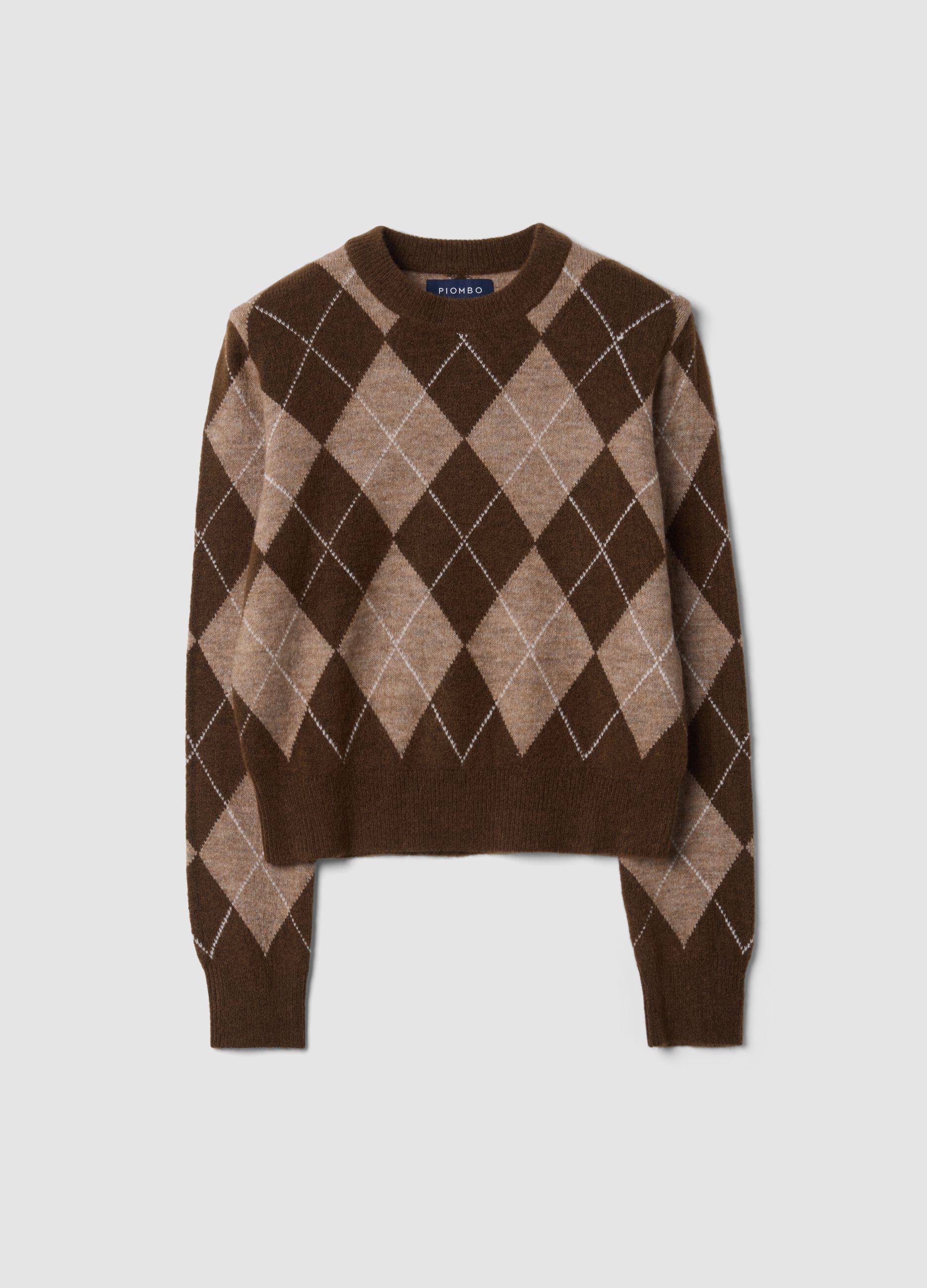 Brown diamond-pattern stretch wool crew-neck jumper