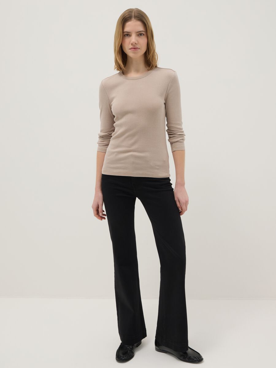 Beige regular fit stretchy cotton long sleeve top_1