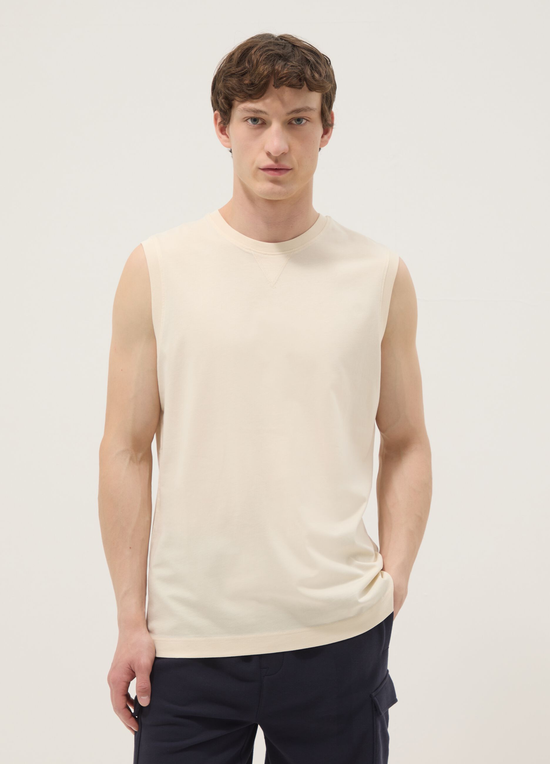 Beige crew-neck pure cotton vest top, relaxed fit