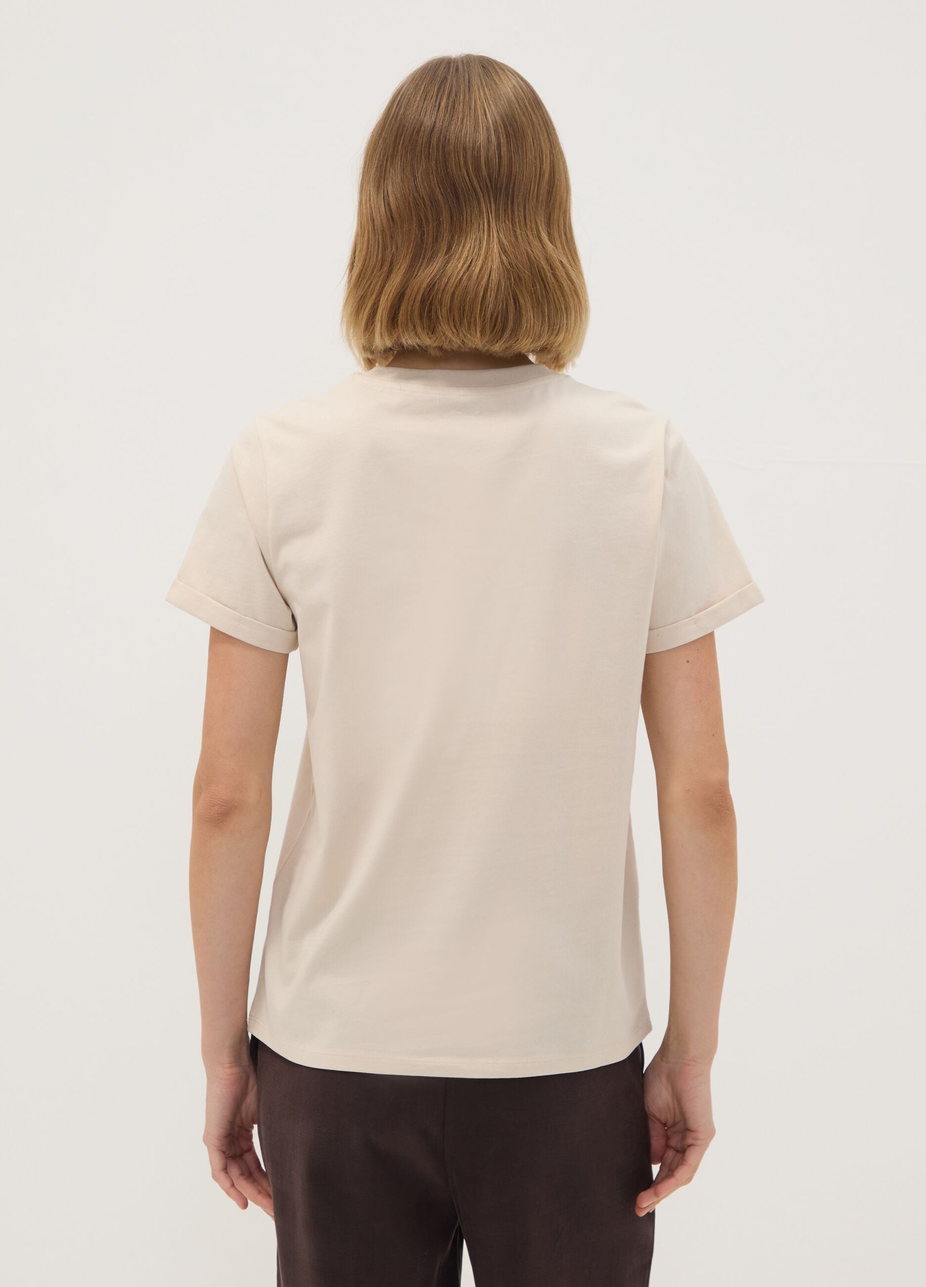 Beige pure cotton crew-neck T-shirt with floral print, regular fit
