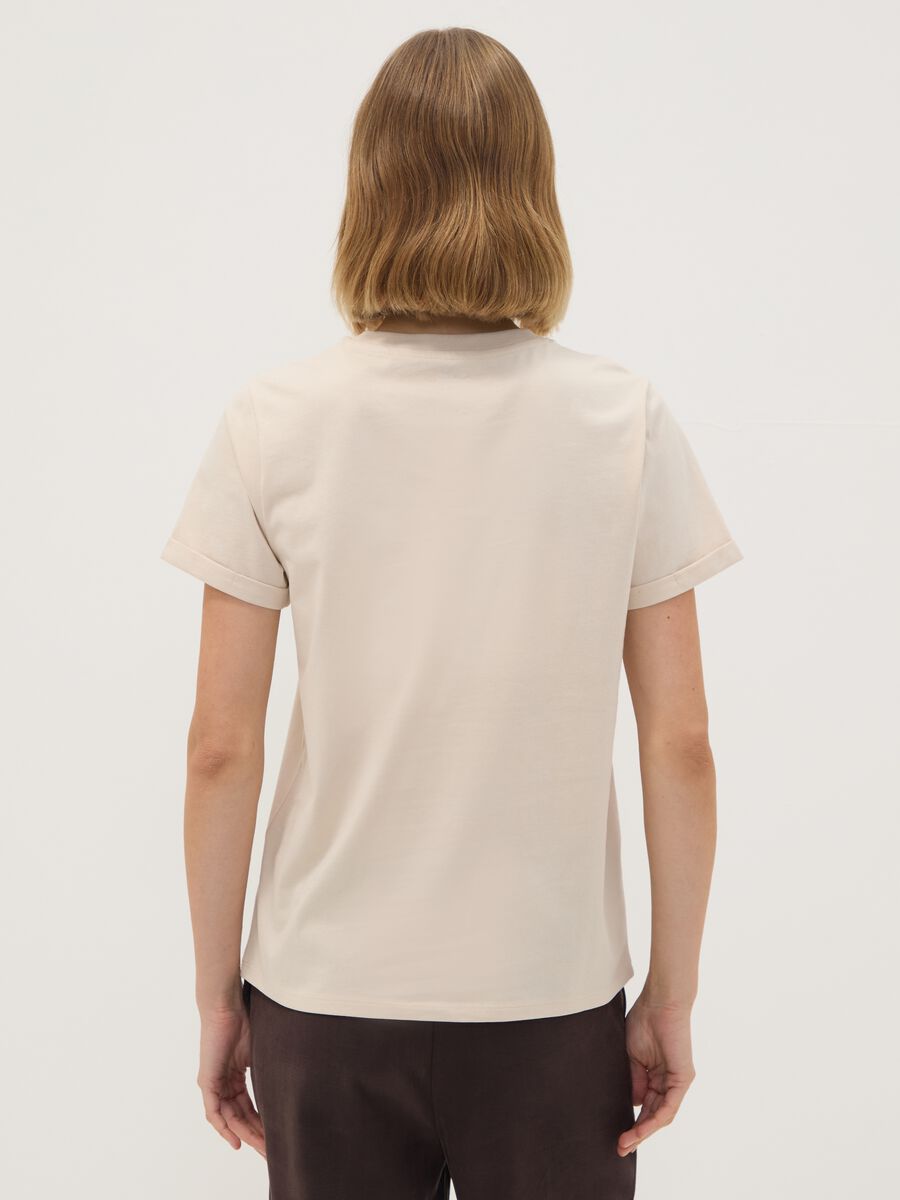 Beige pure cotton crew-neck T-shirt with floral print, regular fit_3