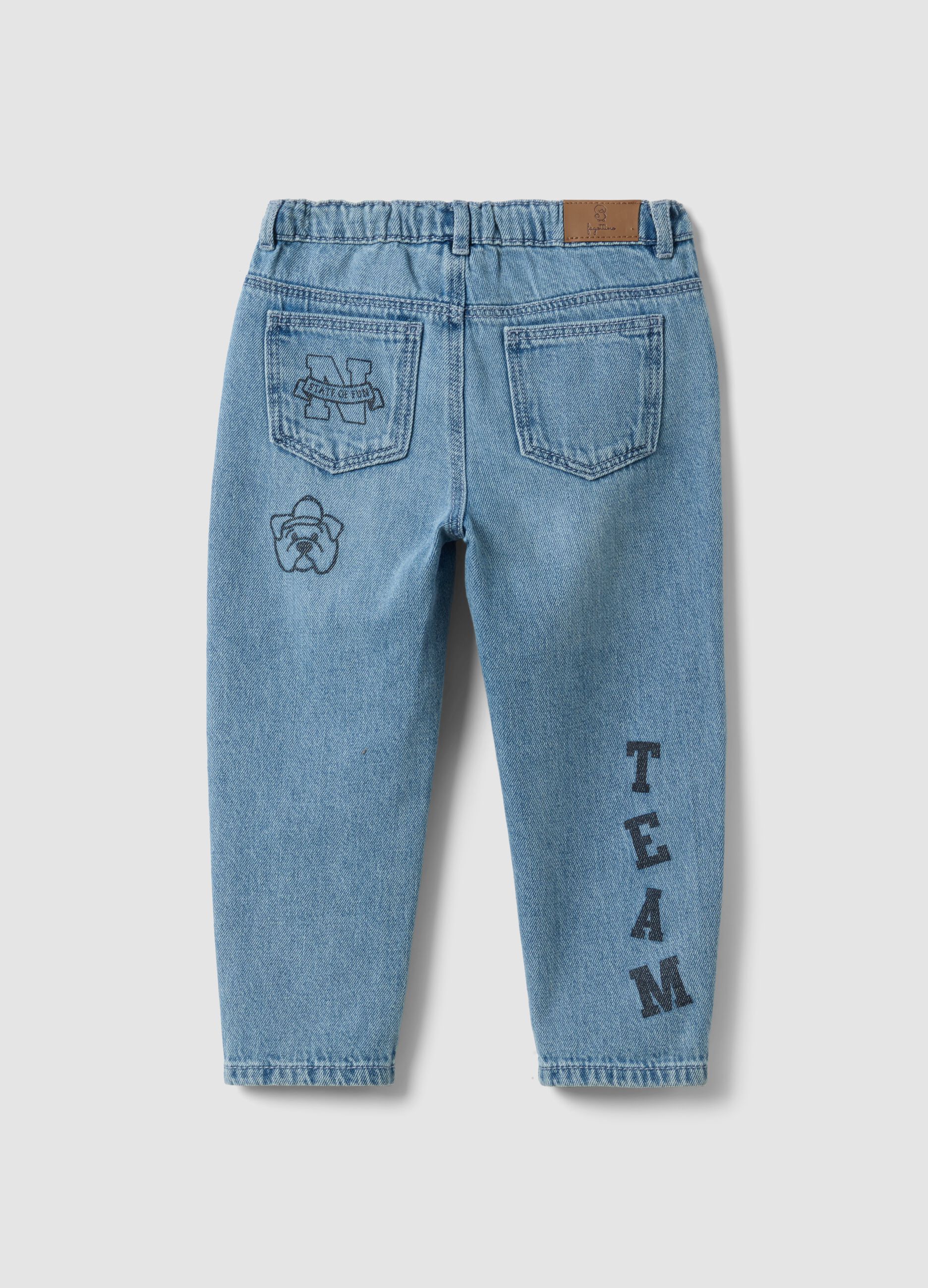 Light blue cotton-viscose blend denim jeans with college-style prints