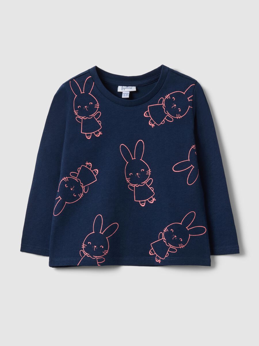 Maglietta blu a maniche lunghe in puro cotone con disegni regular fit_0
