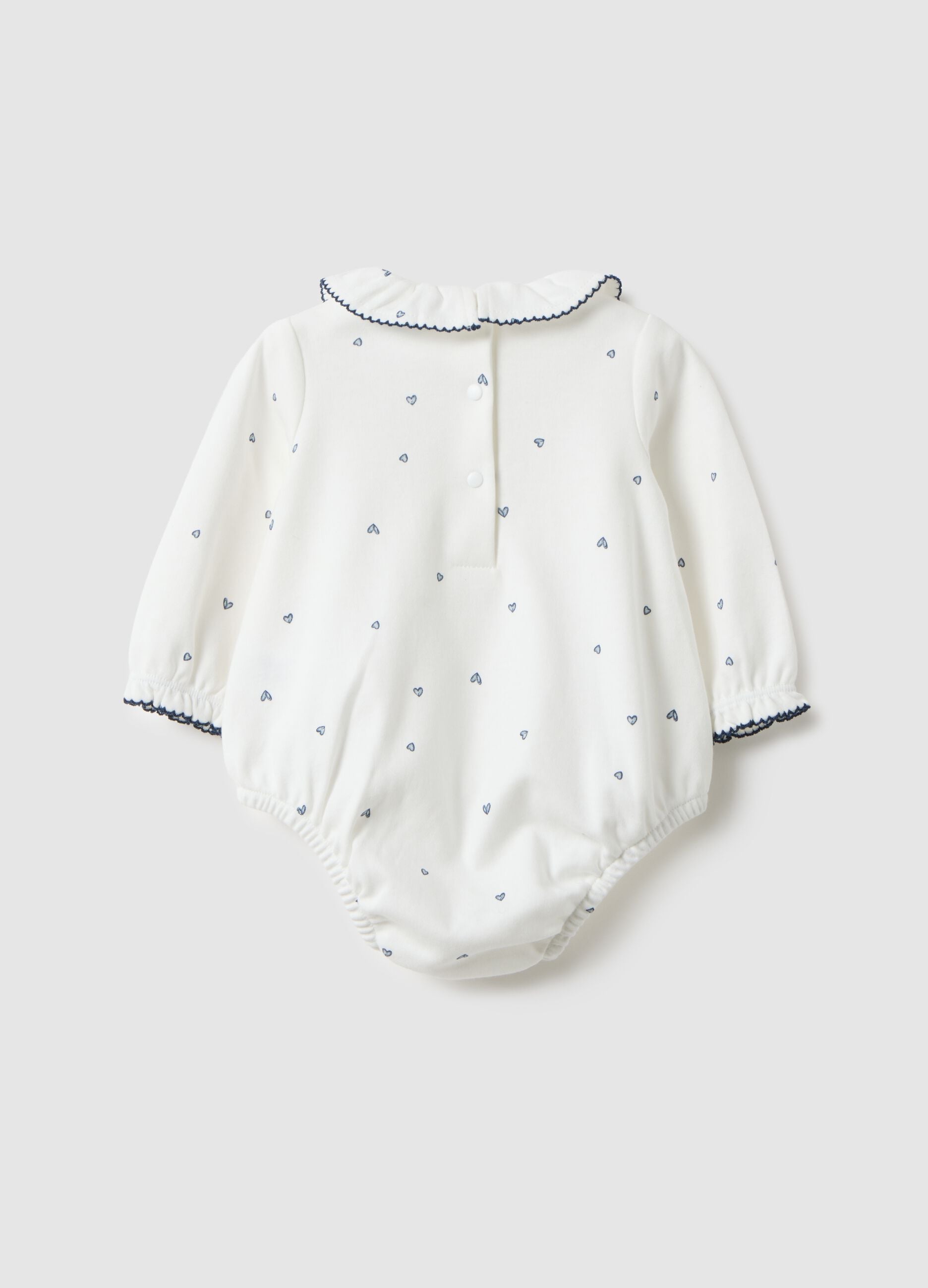 Baby girl white pure cotton bodysuit with ruffle collar and hearts
