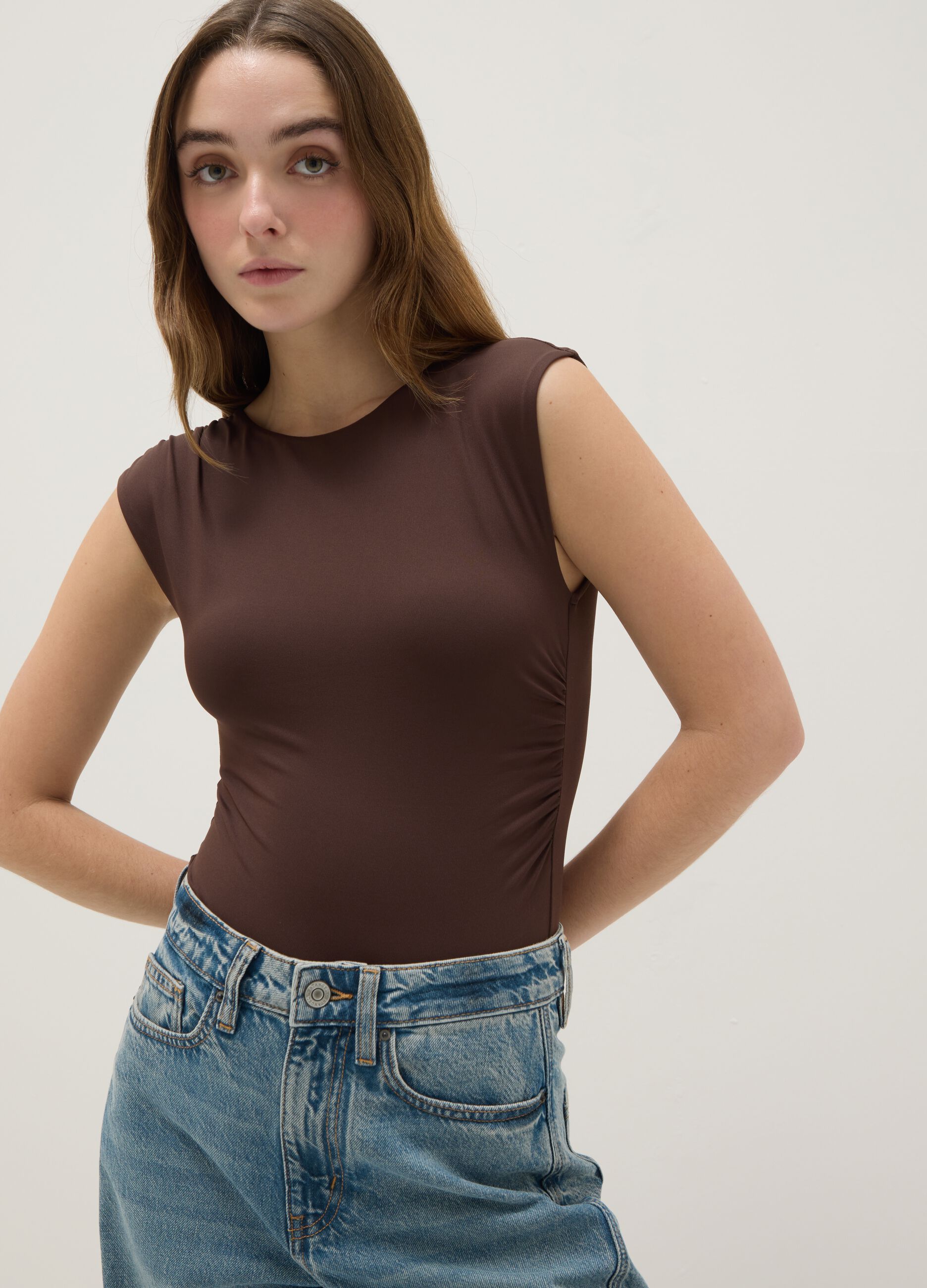 Brown stretch fabric bodysuit regular fit