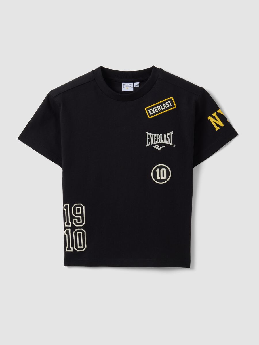 Black pure cotton T-shirt with all-over prints for boys_0