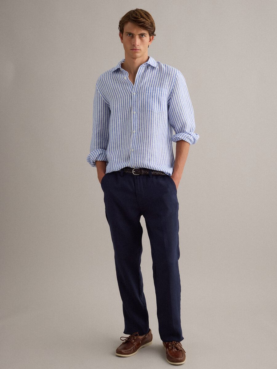 Blue pure linen chino trousers, regular fit_0