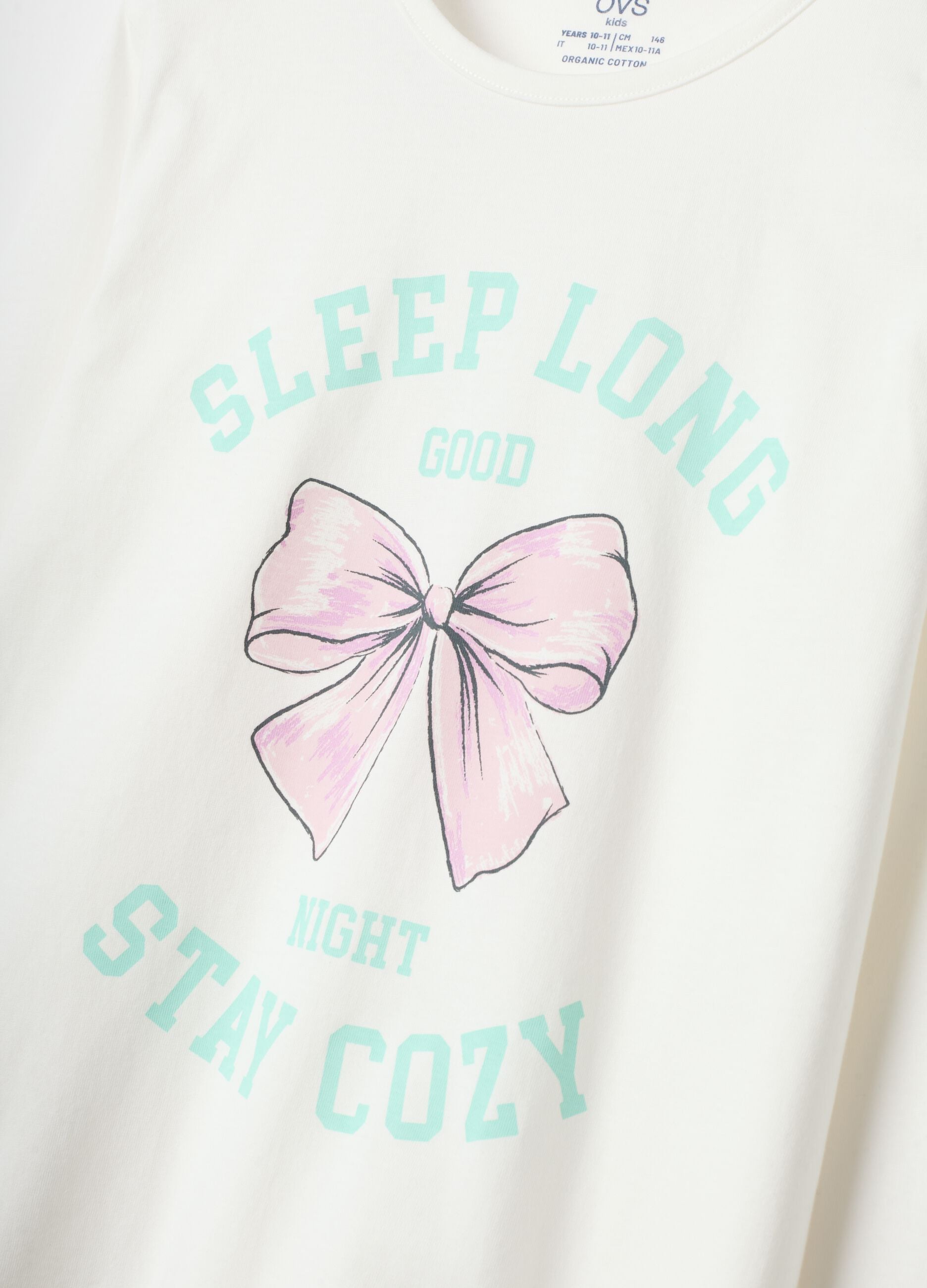 White organic cotton jersey pyjamas with print and green trousers