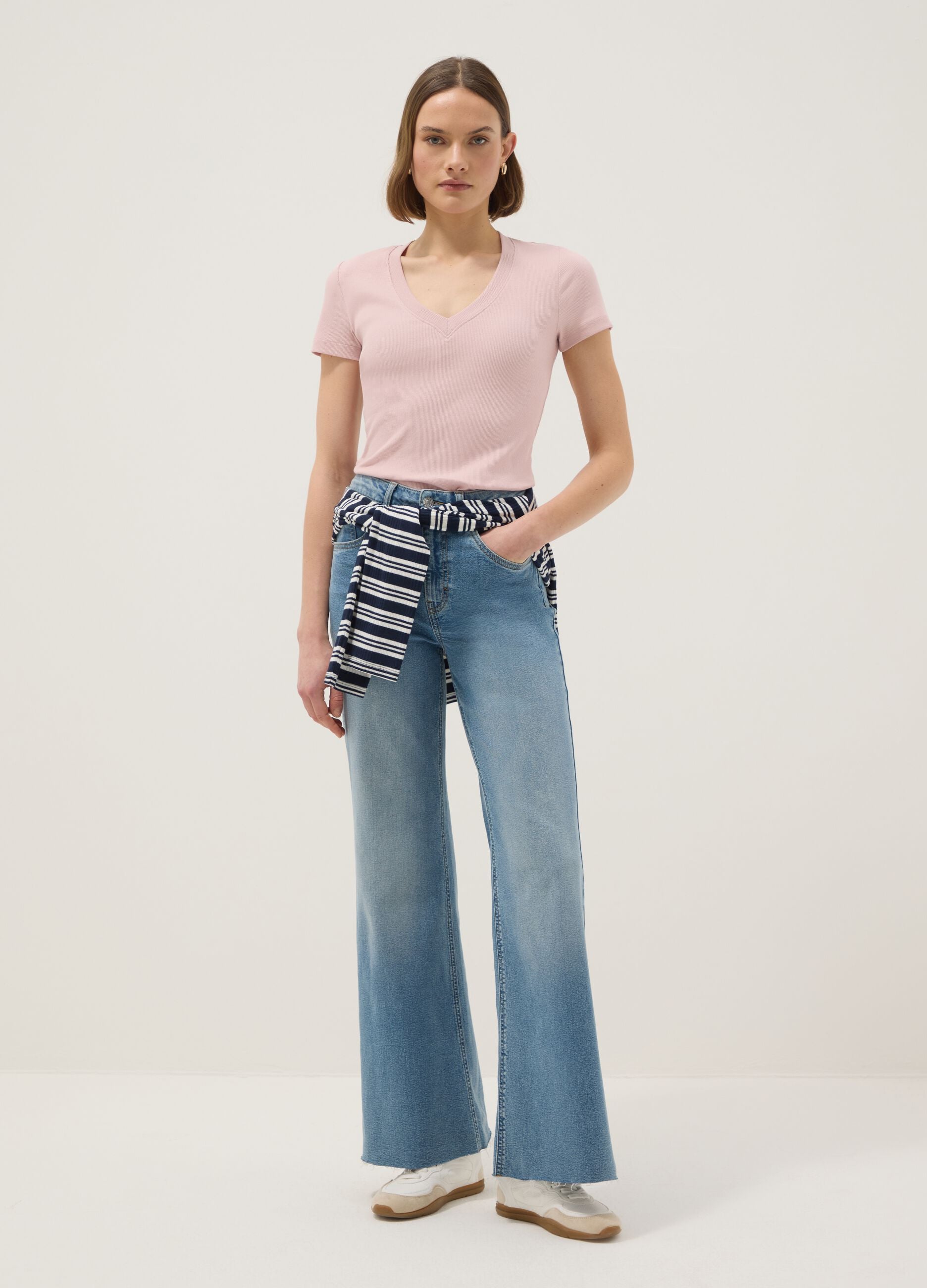 Pink regular fit deep V stretch cotton T-shirt