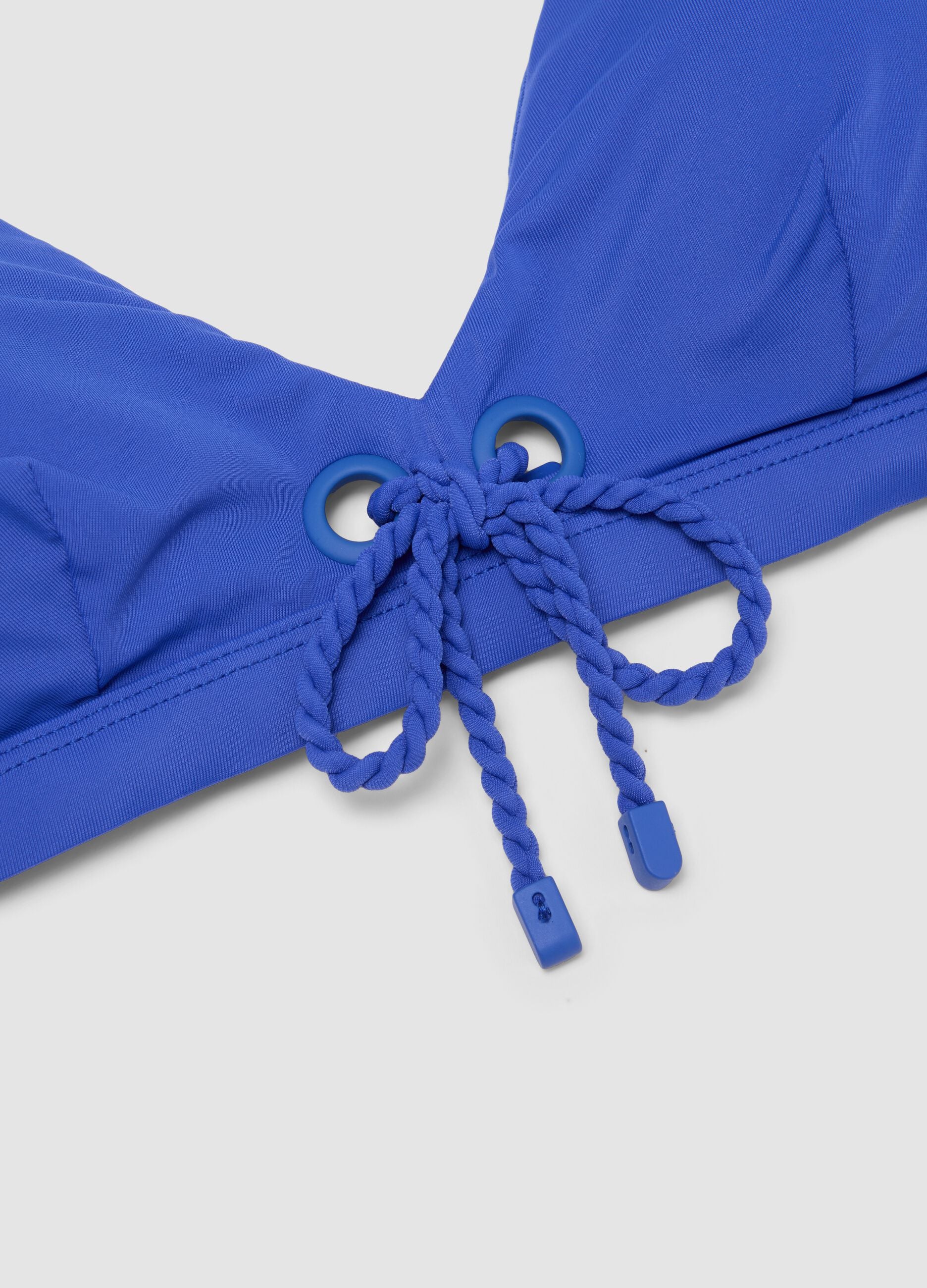 Blue triangle bikini top in stretch fabric with removable padding