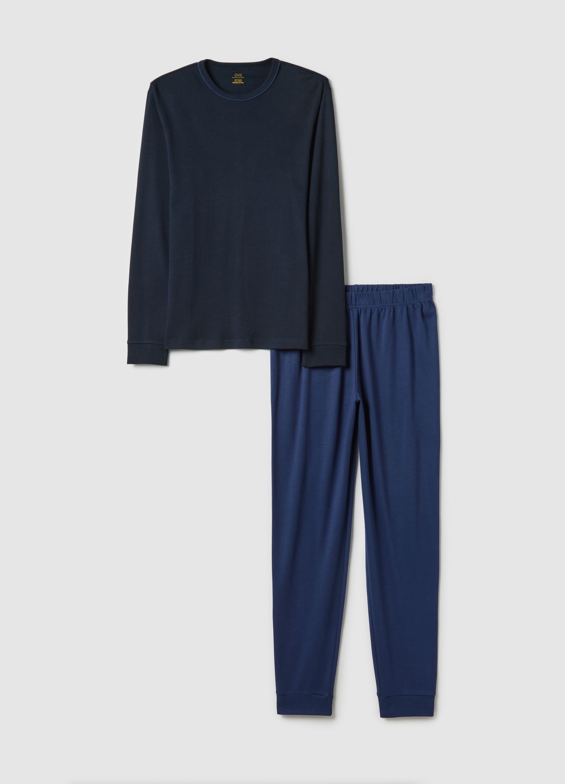 Blue crew neck long sleeve pyjamas in pure cotton regular fit