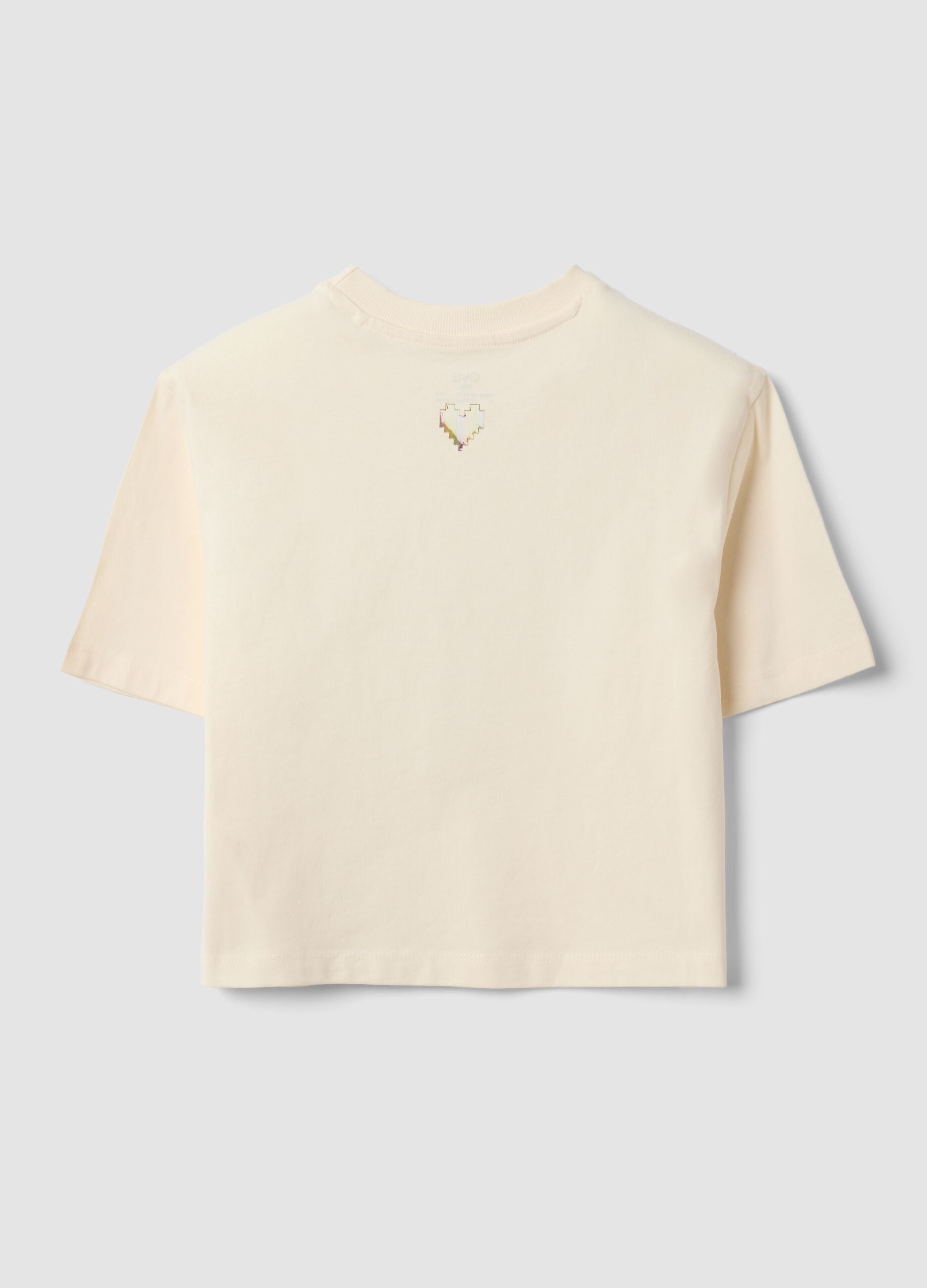 Beige pure cotton T-shirt with ribbed crew neck and front slogan