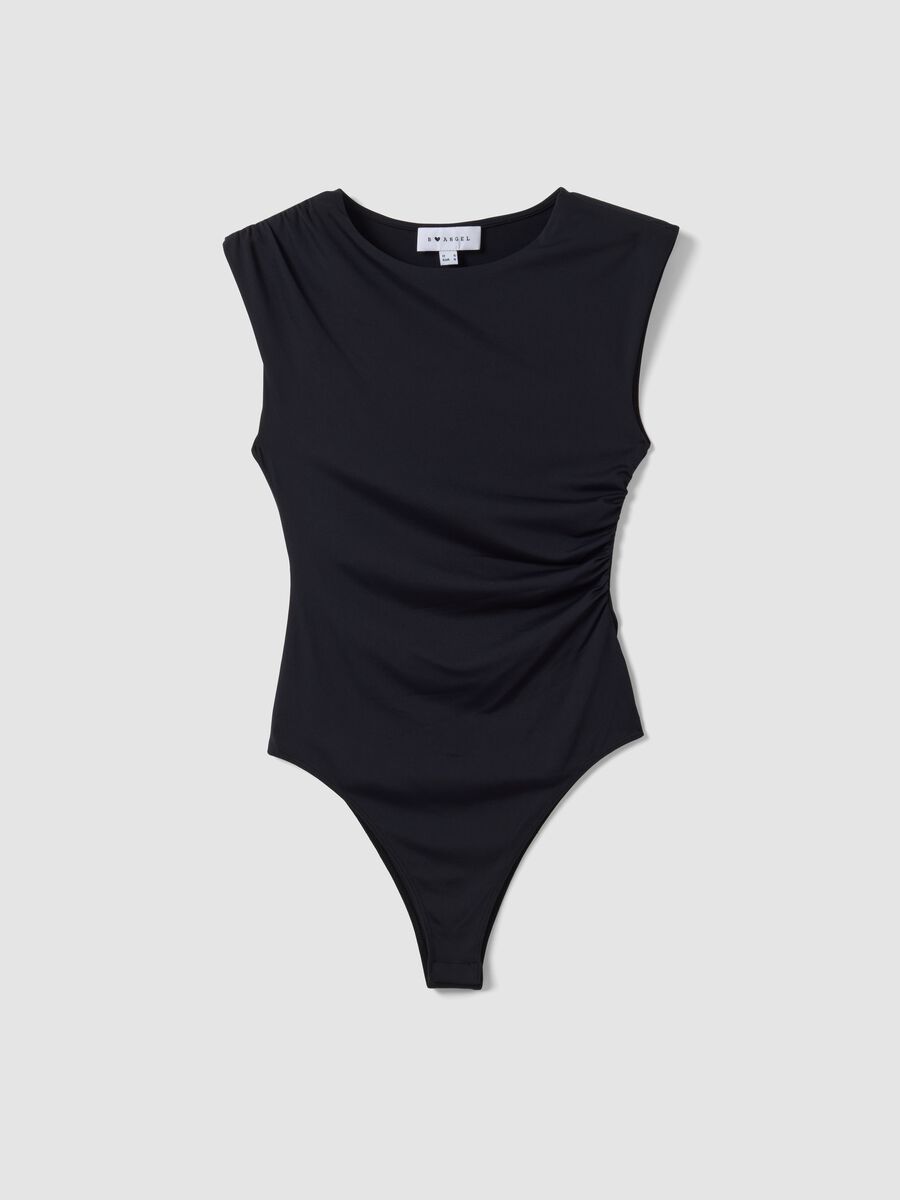 Black stretch jersey bodysuit with ruching, regular fit_0