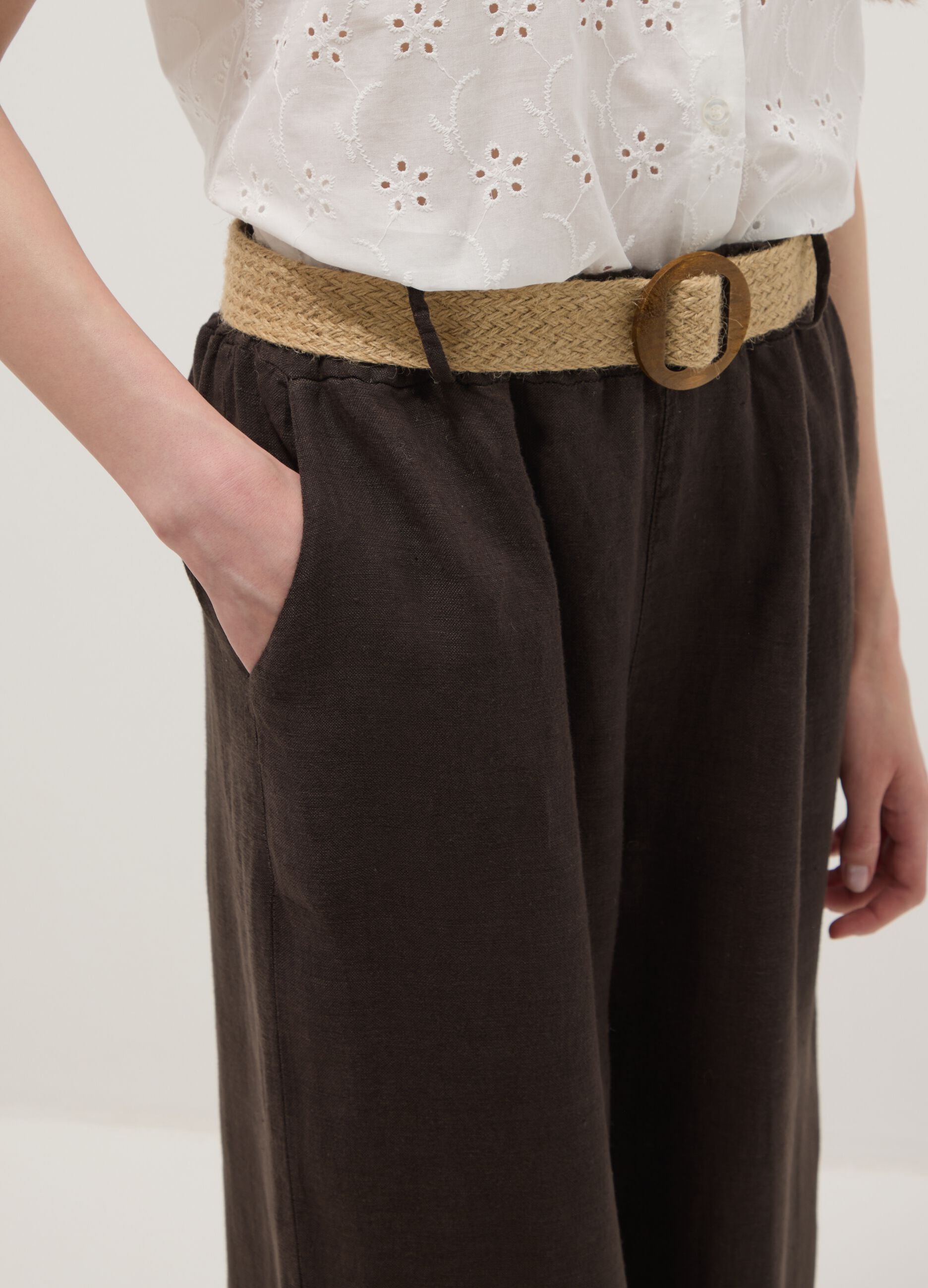 Brown pure linen wide-leg trousers with elasticated waist