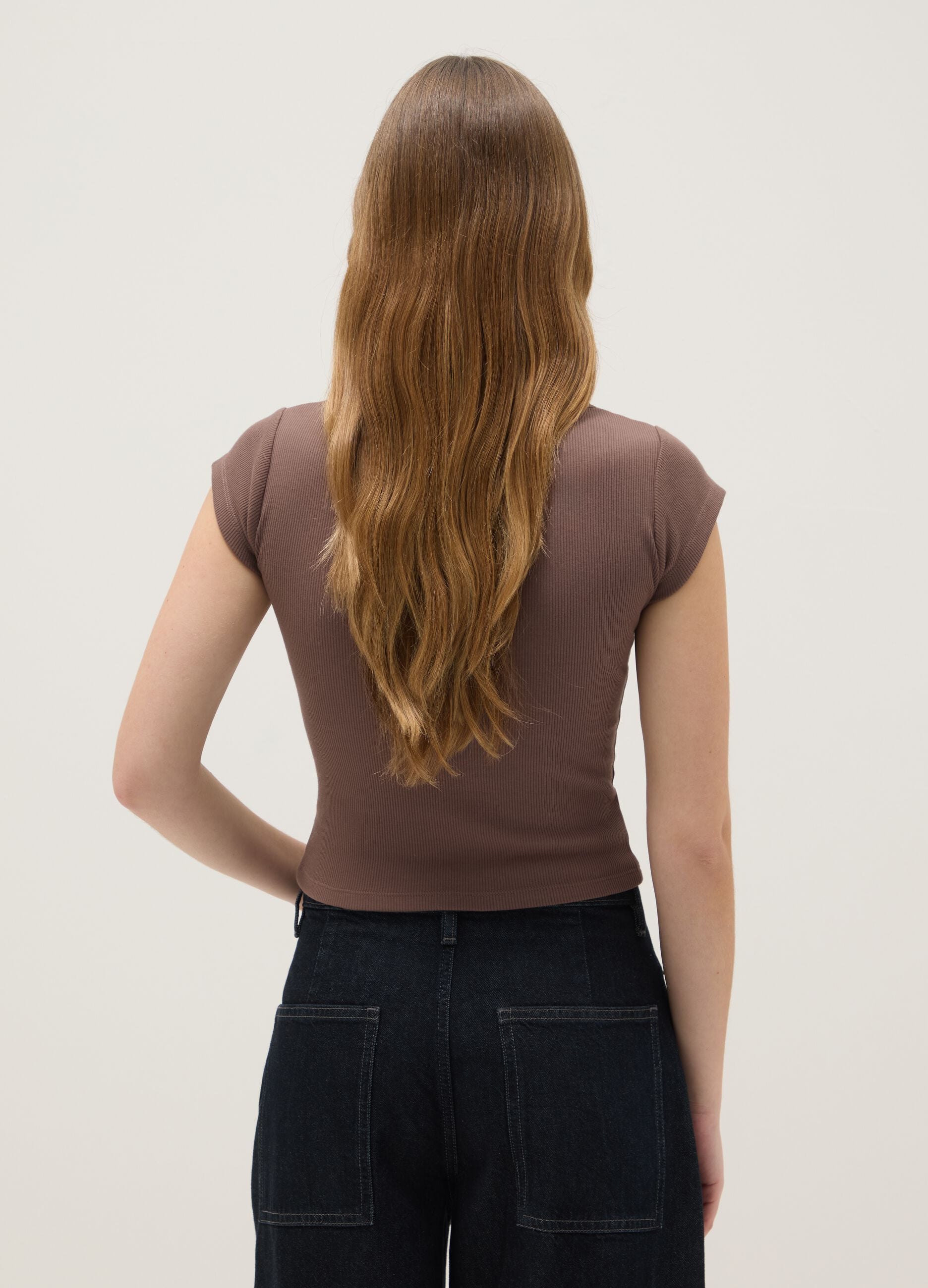 Brown slim fit stretch cotton t-shirt with studded neckline