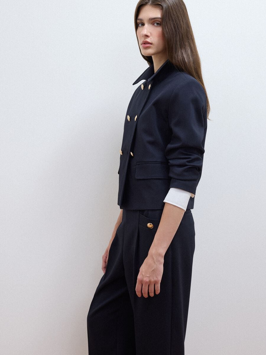 Blue double-breasted stretch viscose blazer with gold-tone buttons_0