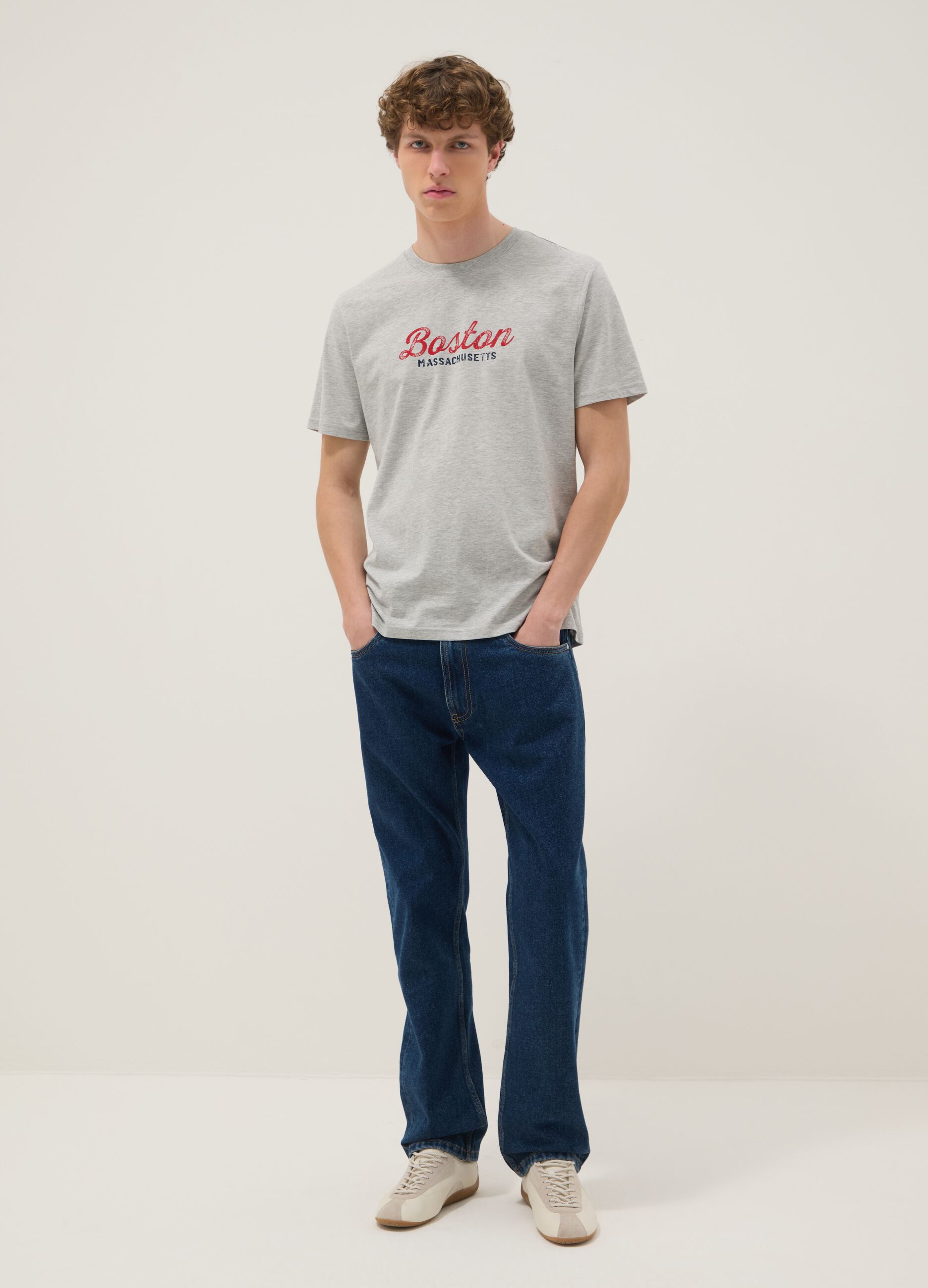 Grey printed T-shirt in pure cotton, regular fit