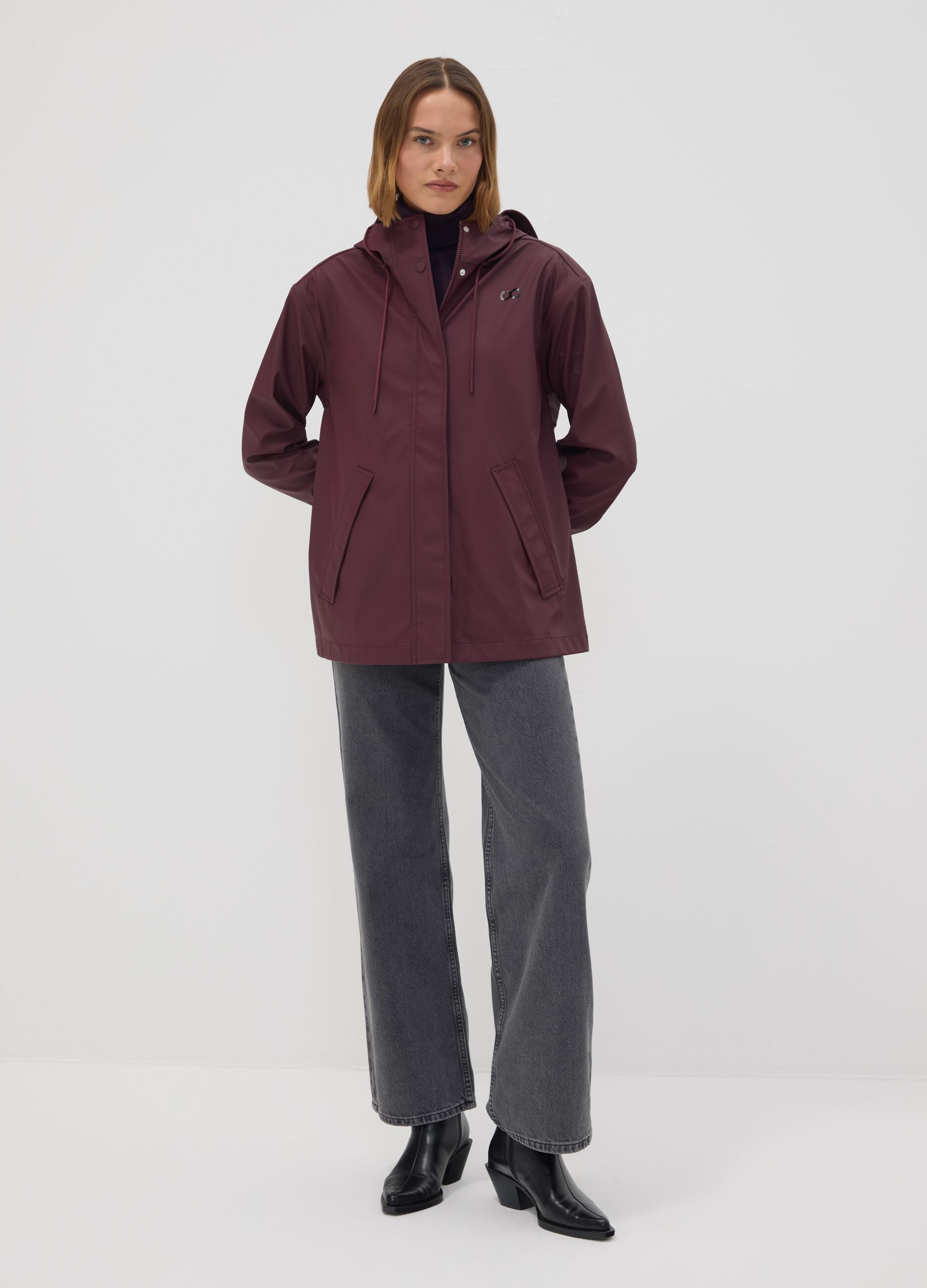 Red rain jacket with zip and hood
