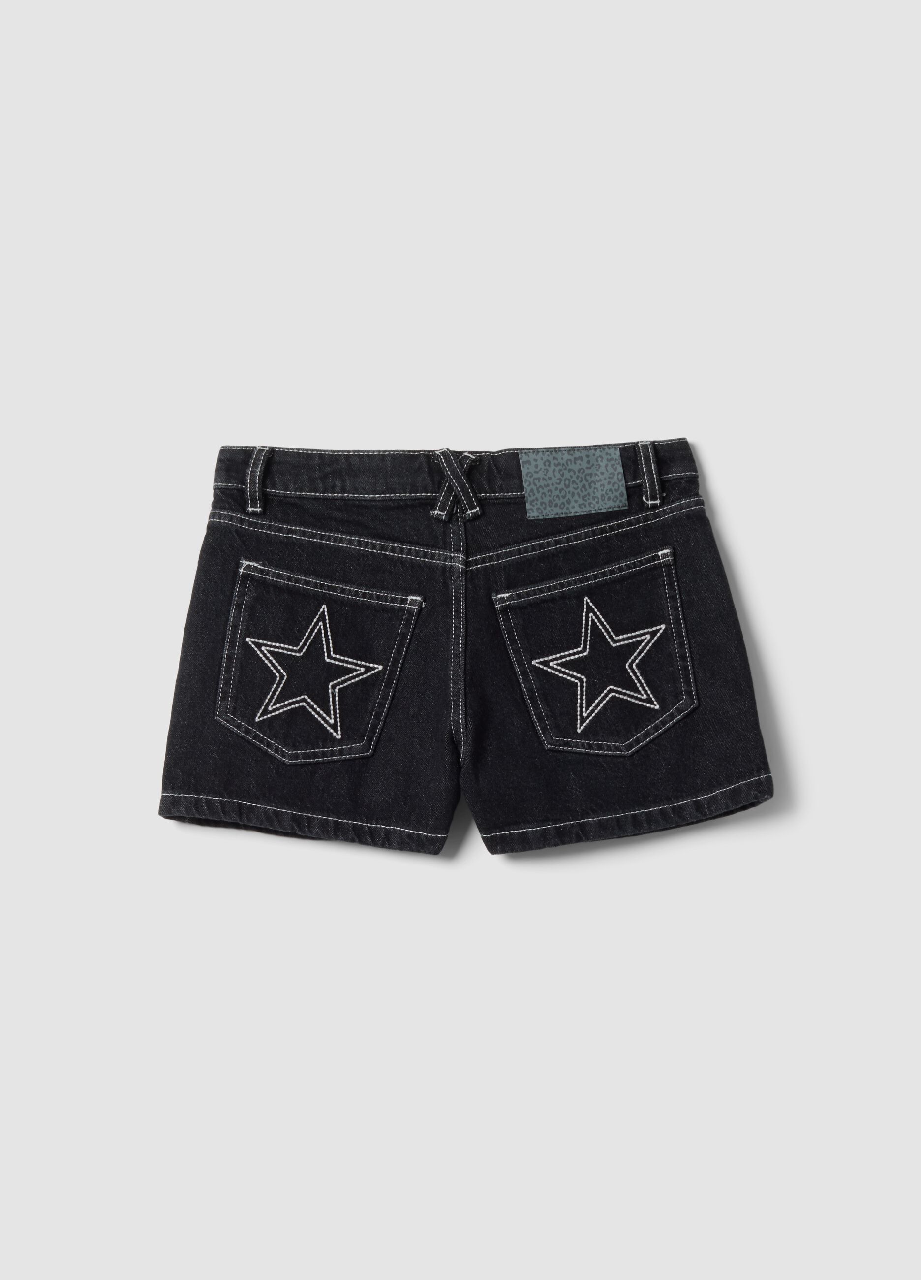 Girls&rsquo; black pure cotton denim shorts with star embroidery