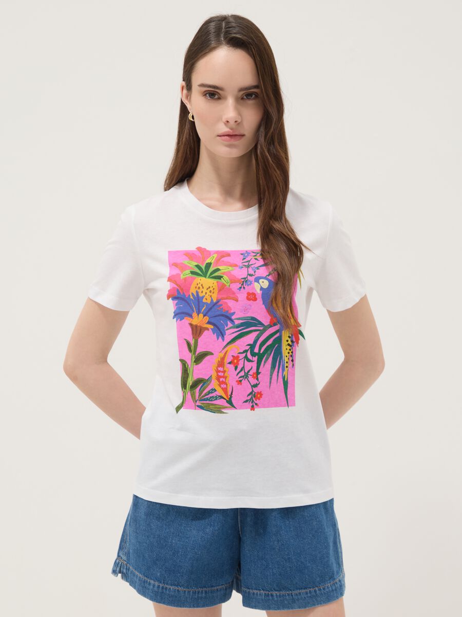 White pure cotton T-shirt with tropical print_0