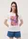 White pure cotton T-shirt with tropical print_0