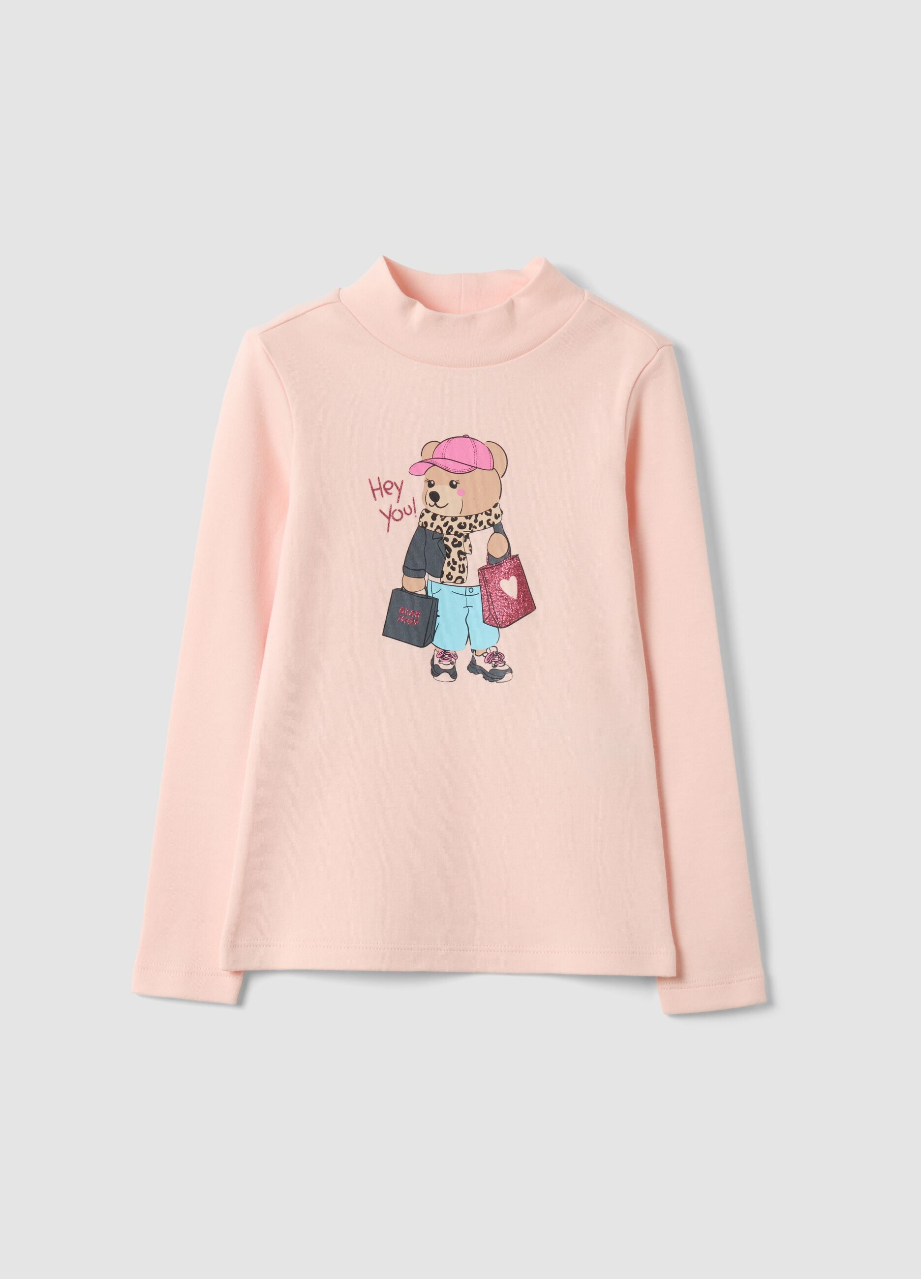 Pink organic cotton T-shirt with mock neck and teddy bear print