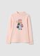 Pink organic cotton T-shirt with mock neck and teddy bear print_0