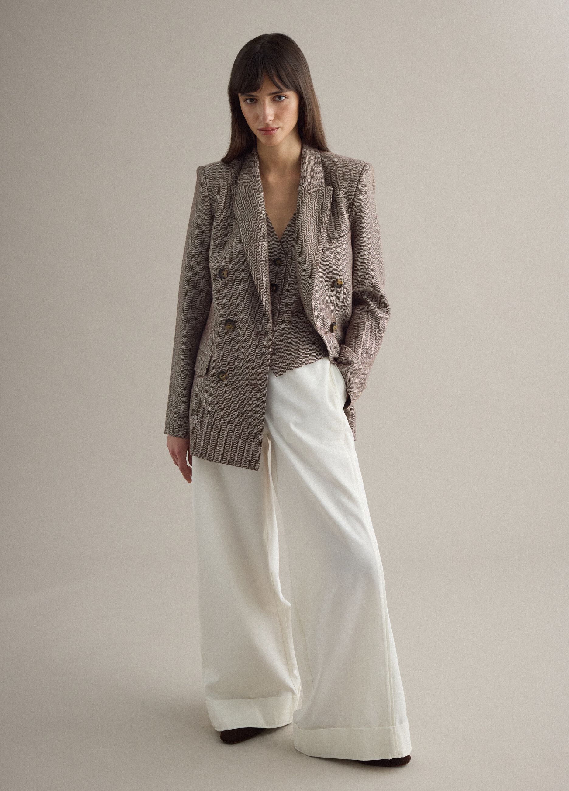 White cotton blend flare trousers with regular waist