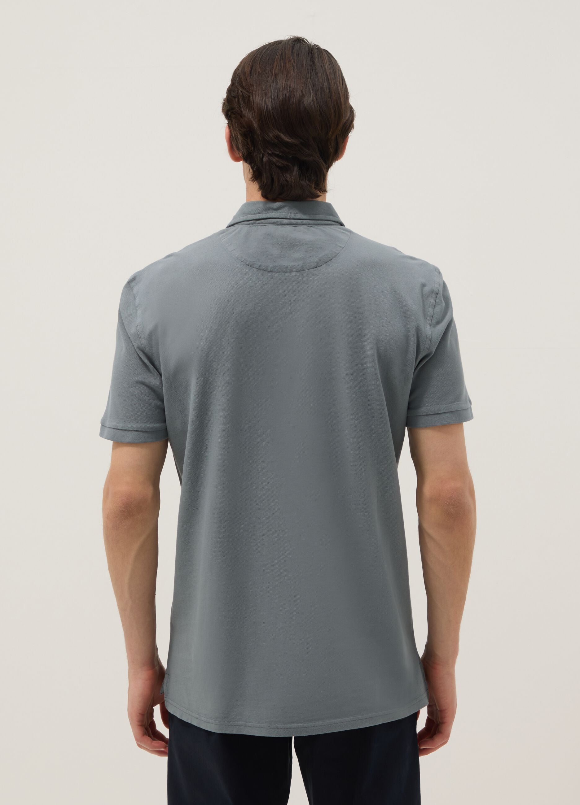 Grey pure cotton slim-fit short-sleeve polo