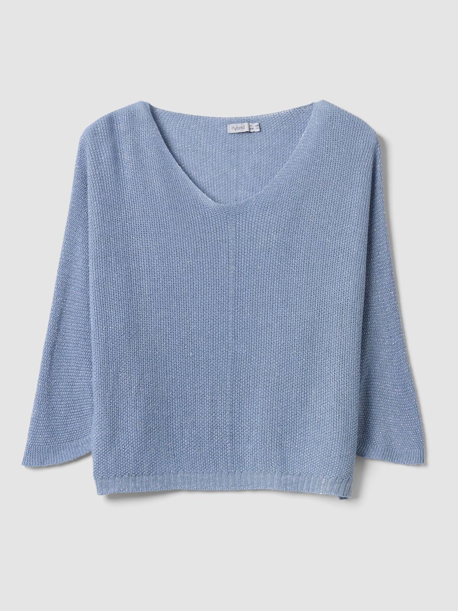 Light blue viscose and linen blend V-neck jumper_4