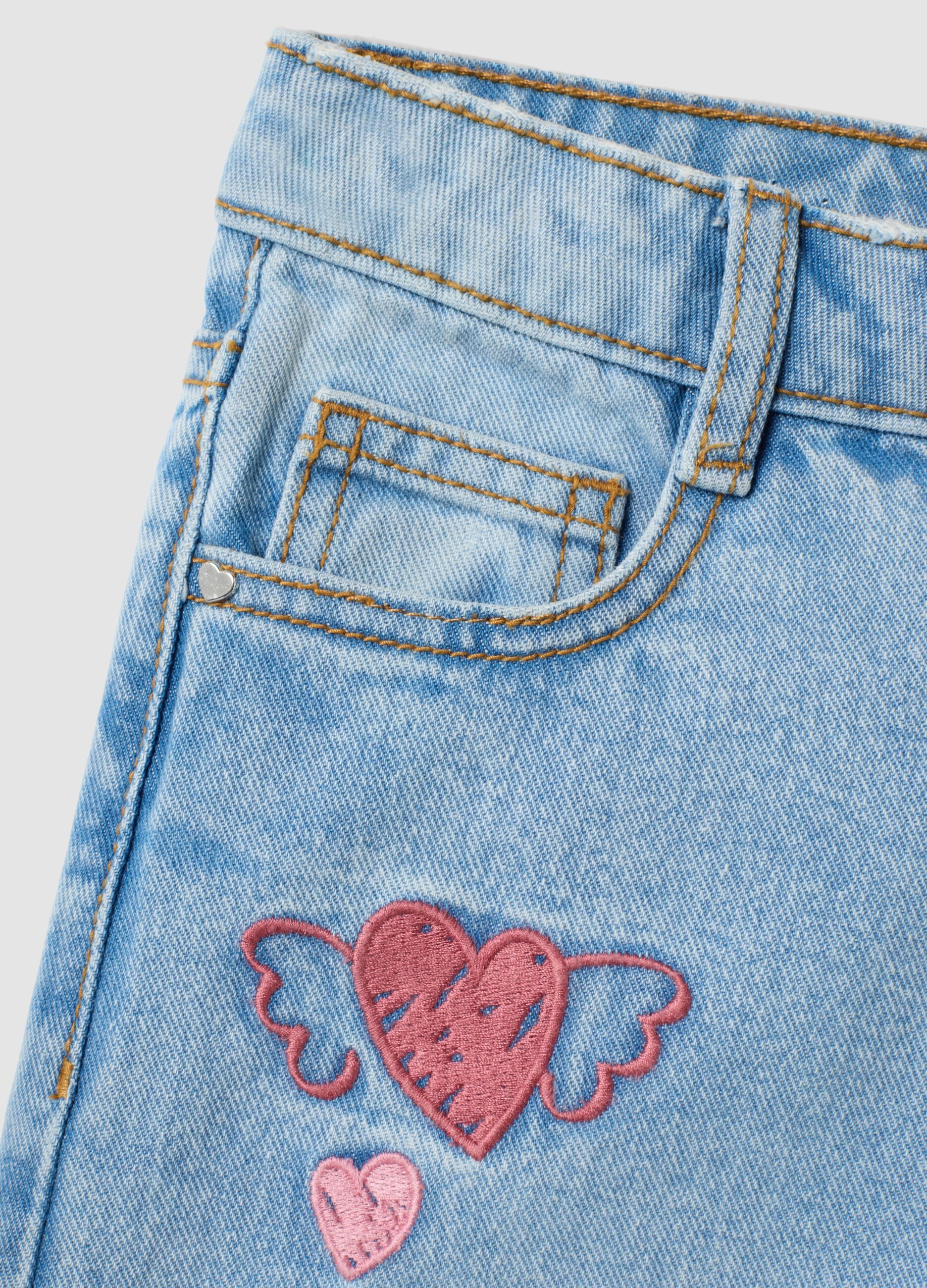 Girls&rsquo; pure cotton wide-leg denim jeans with embroidery