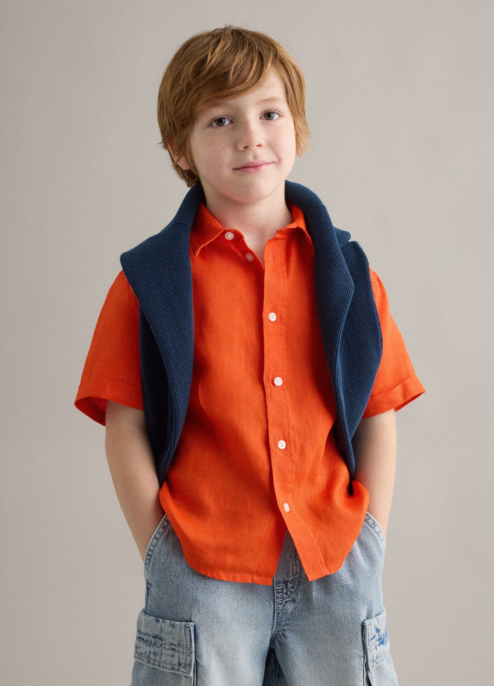 Orange pure linen oversized shirt for boys