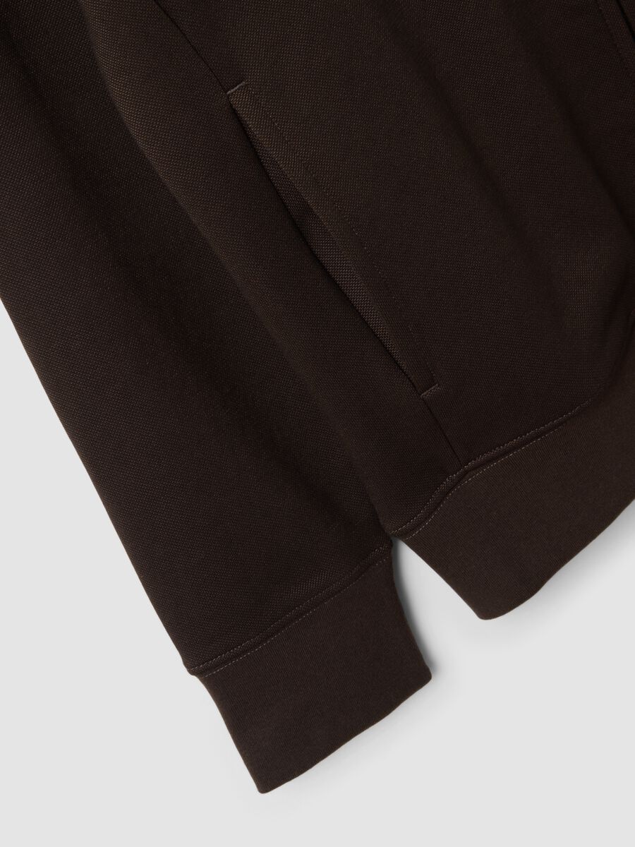 Brown full-zip sweatshirt in stretch piqu&eacute; with ribbed collar_1