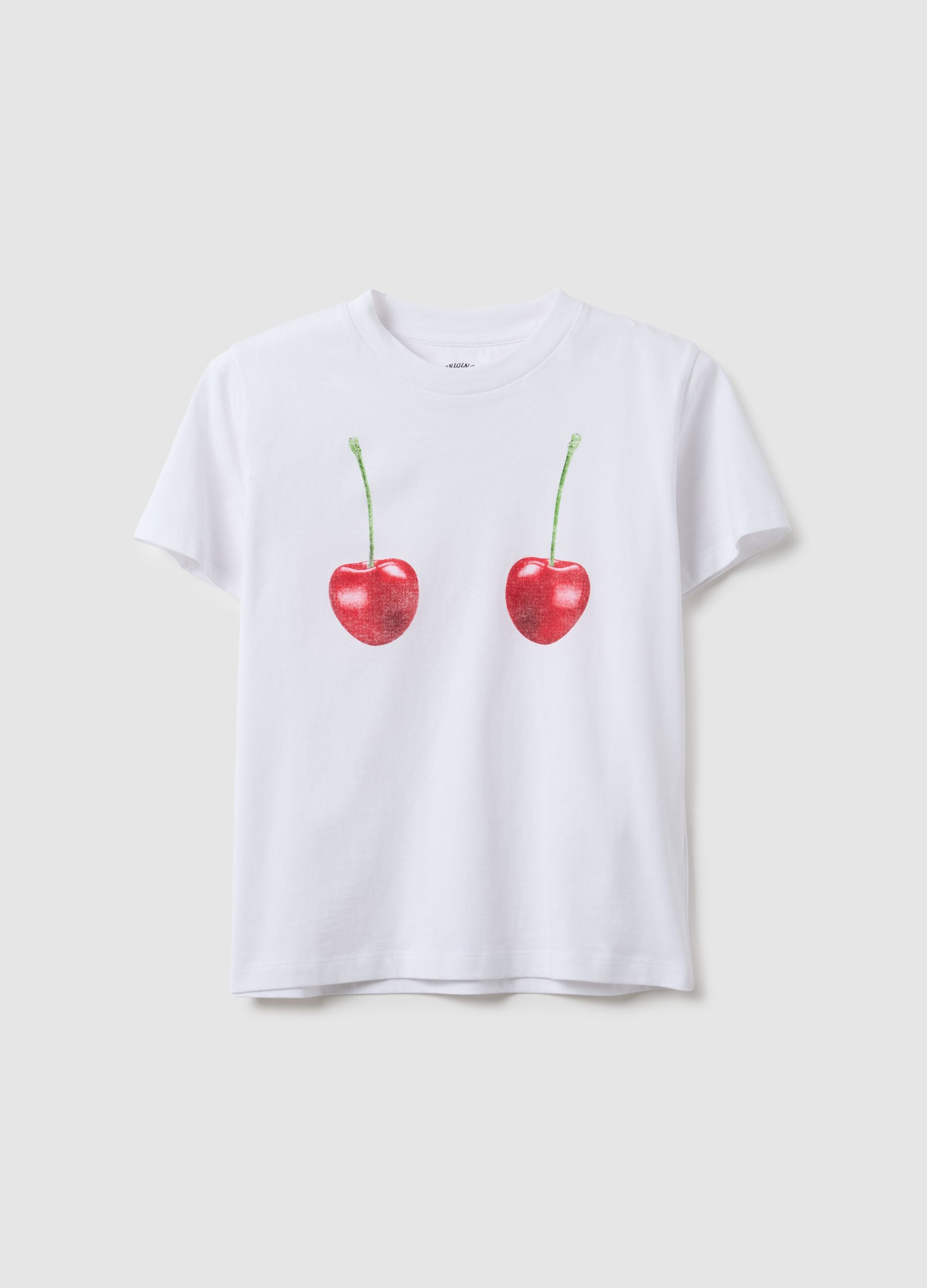 White pure cotton regular fit T-shirt with cherry print