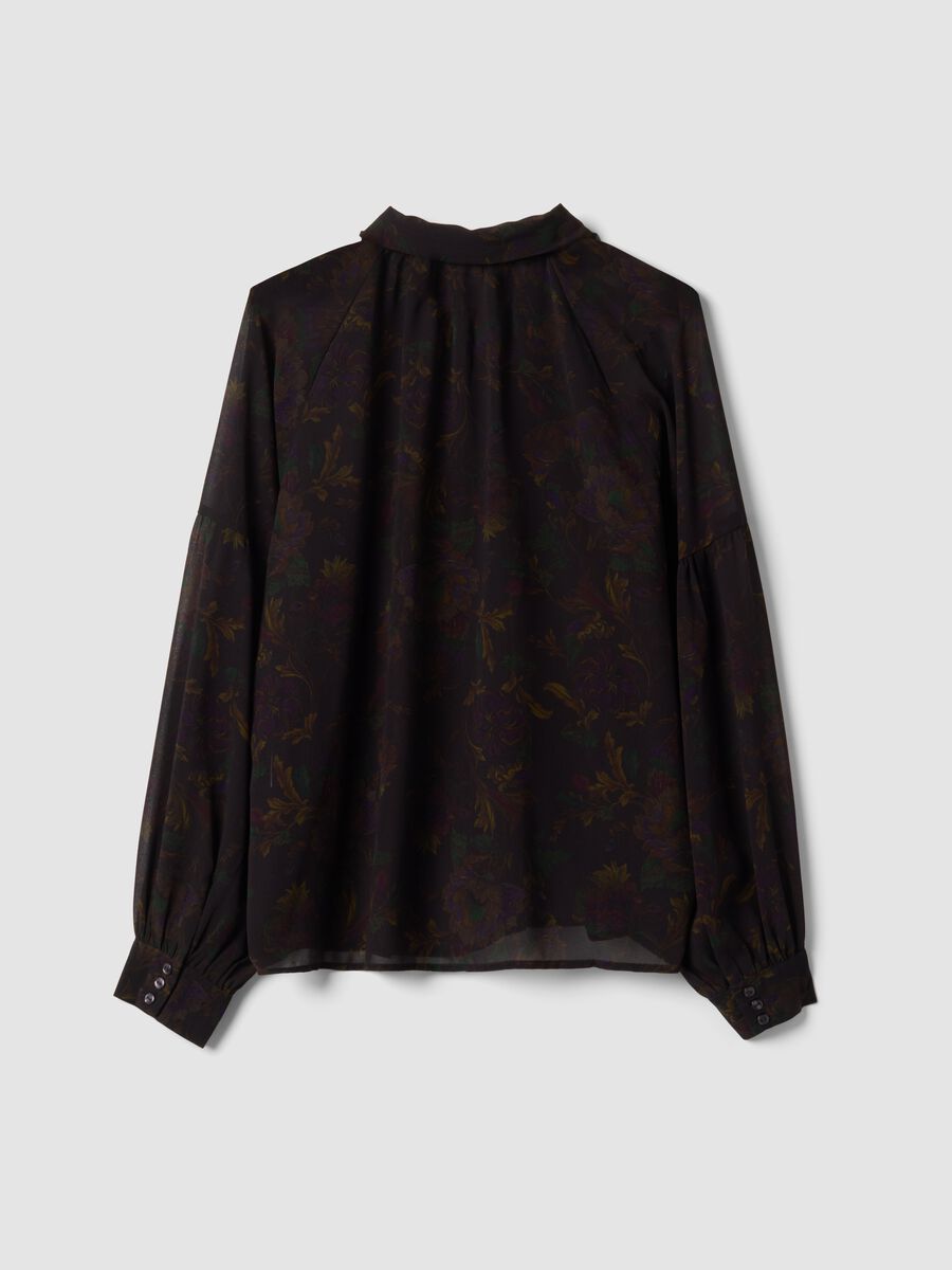Black floral-print shirt with neck bow_6