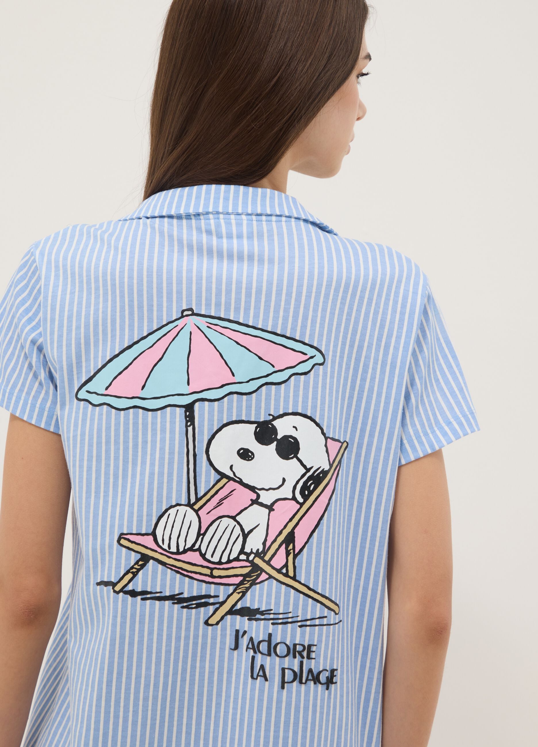Blue striped pure cotton nightshirt with V-neck