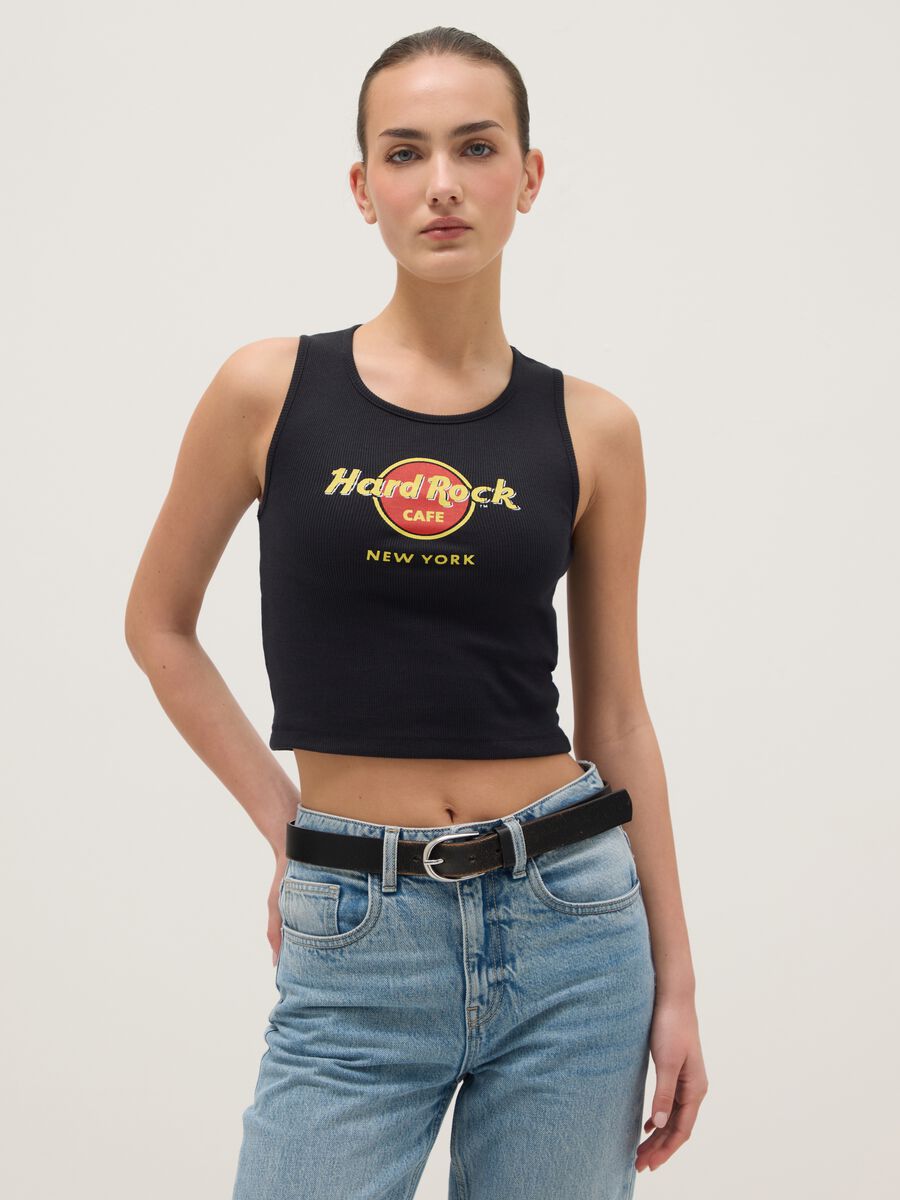 Black cotton blend regular fit tank top with Hard Rock Cafe logo_0