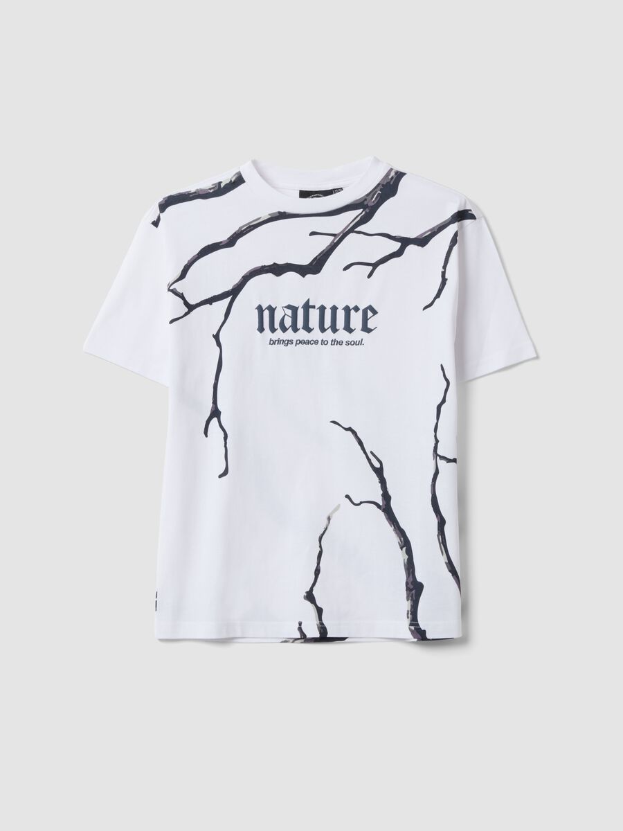 T-shirt bianca in puro cotone con scritta Nature per ragazzo_0