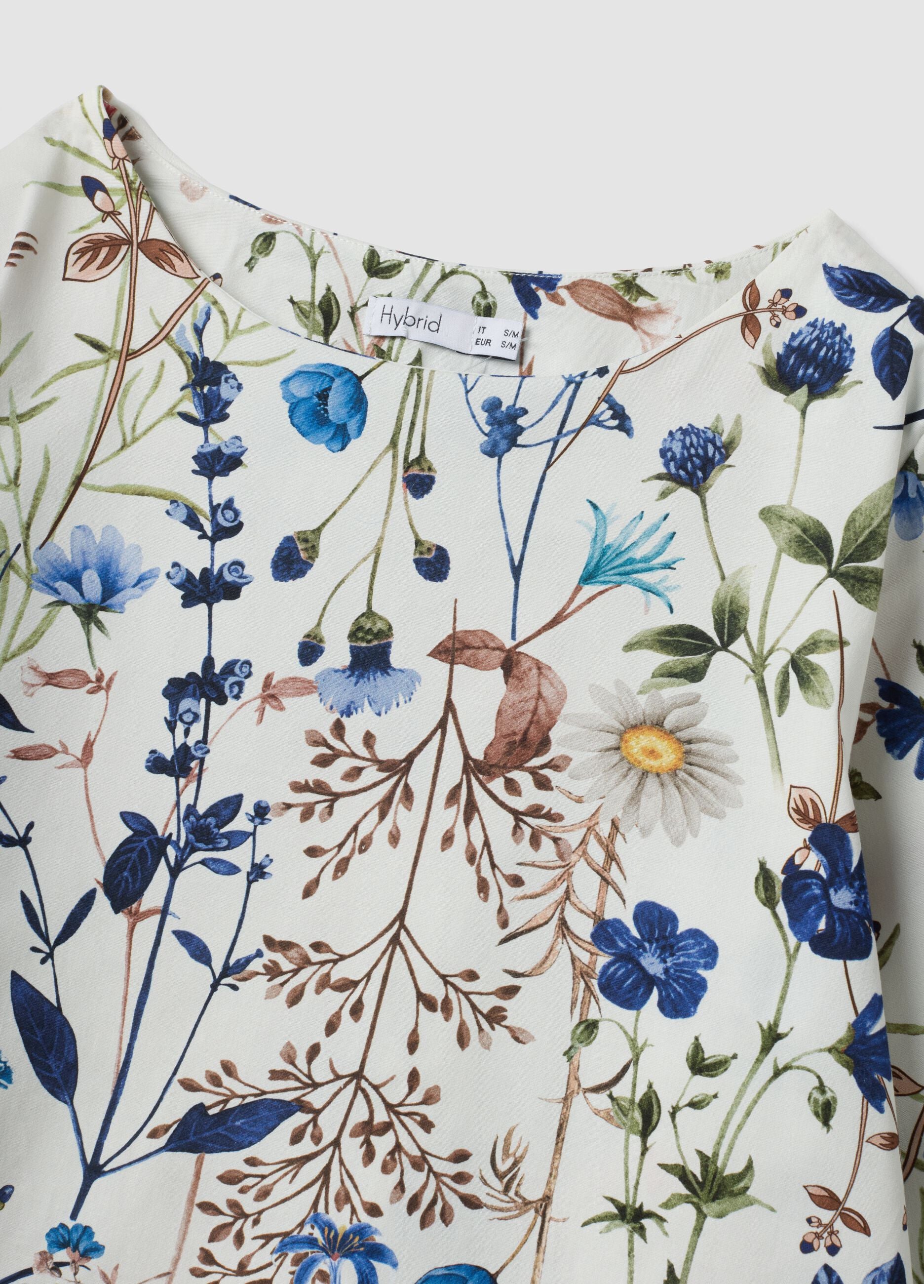 White stretch-cotton blouse with floral print