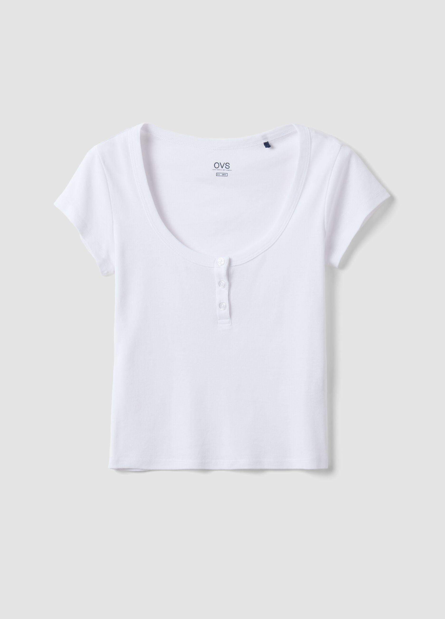 White pure cotton regular fit T-shirt with deep Henley neck