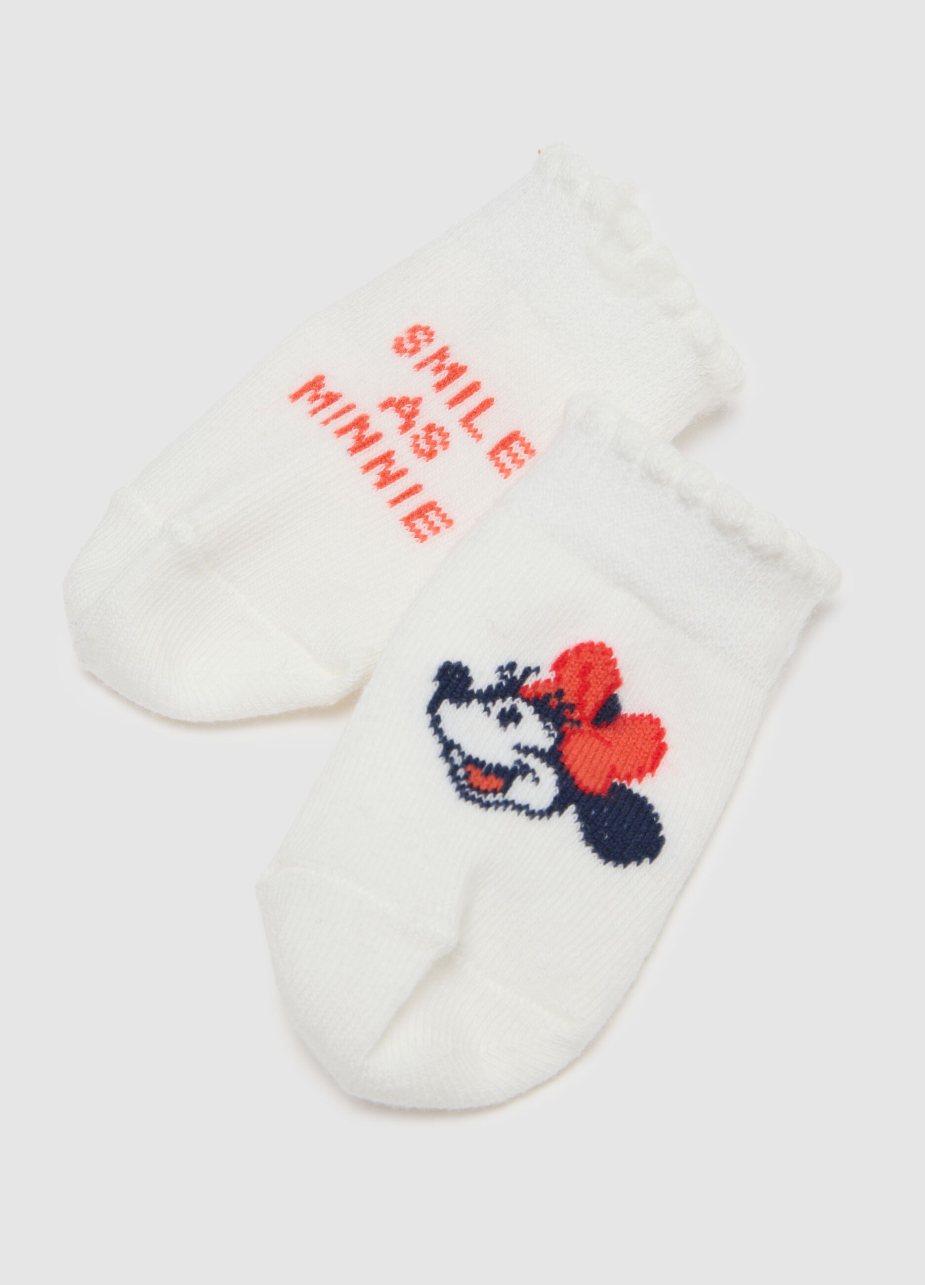 White knitted and cotton booties for babies with Minnie embroidery