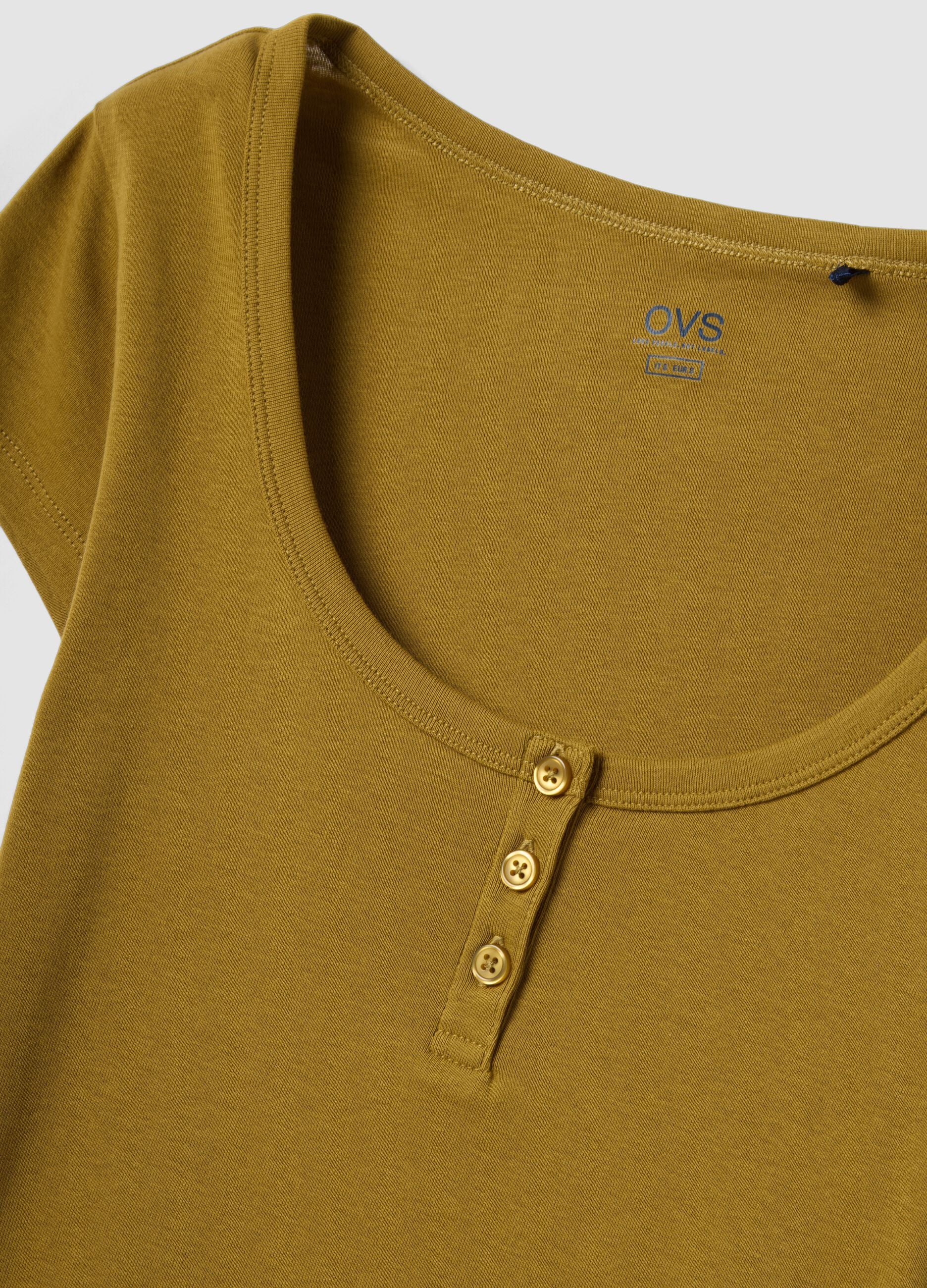 Yellow pure cotton regular fit T-shirt with deep henley neckline