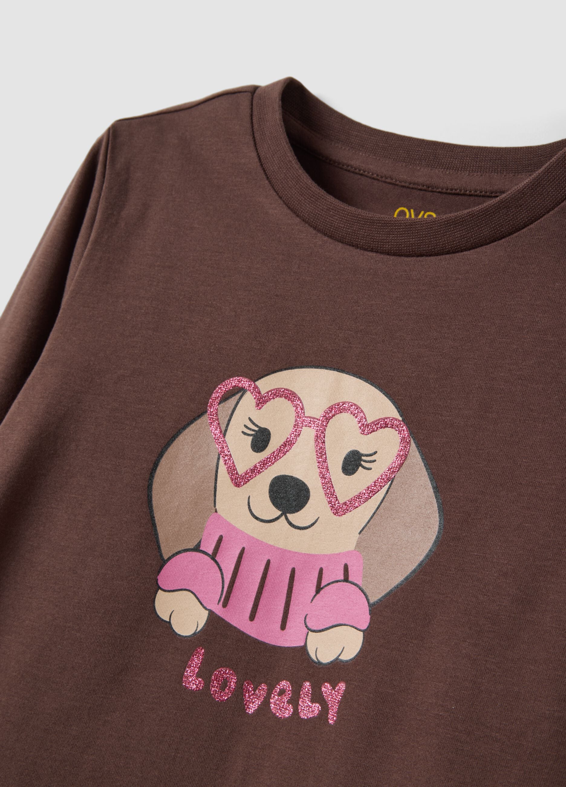 Brown long-sleeve organic stretch cotton crew-neck T-shirt