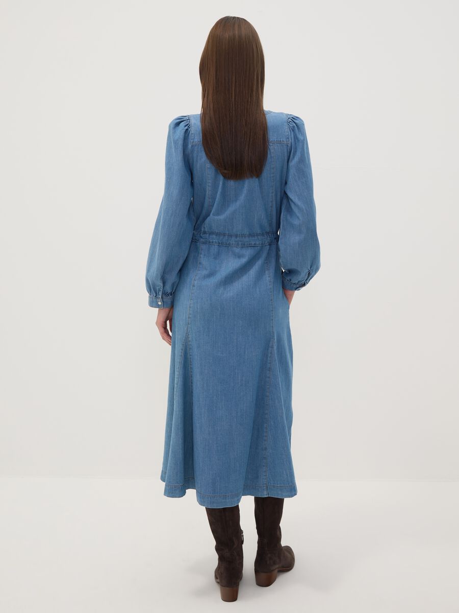 Blue pure cotton denim dress with deep V-neck regular fit_3