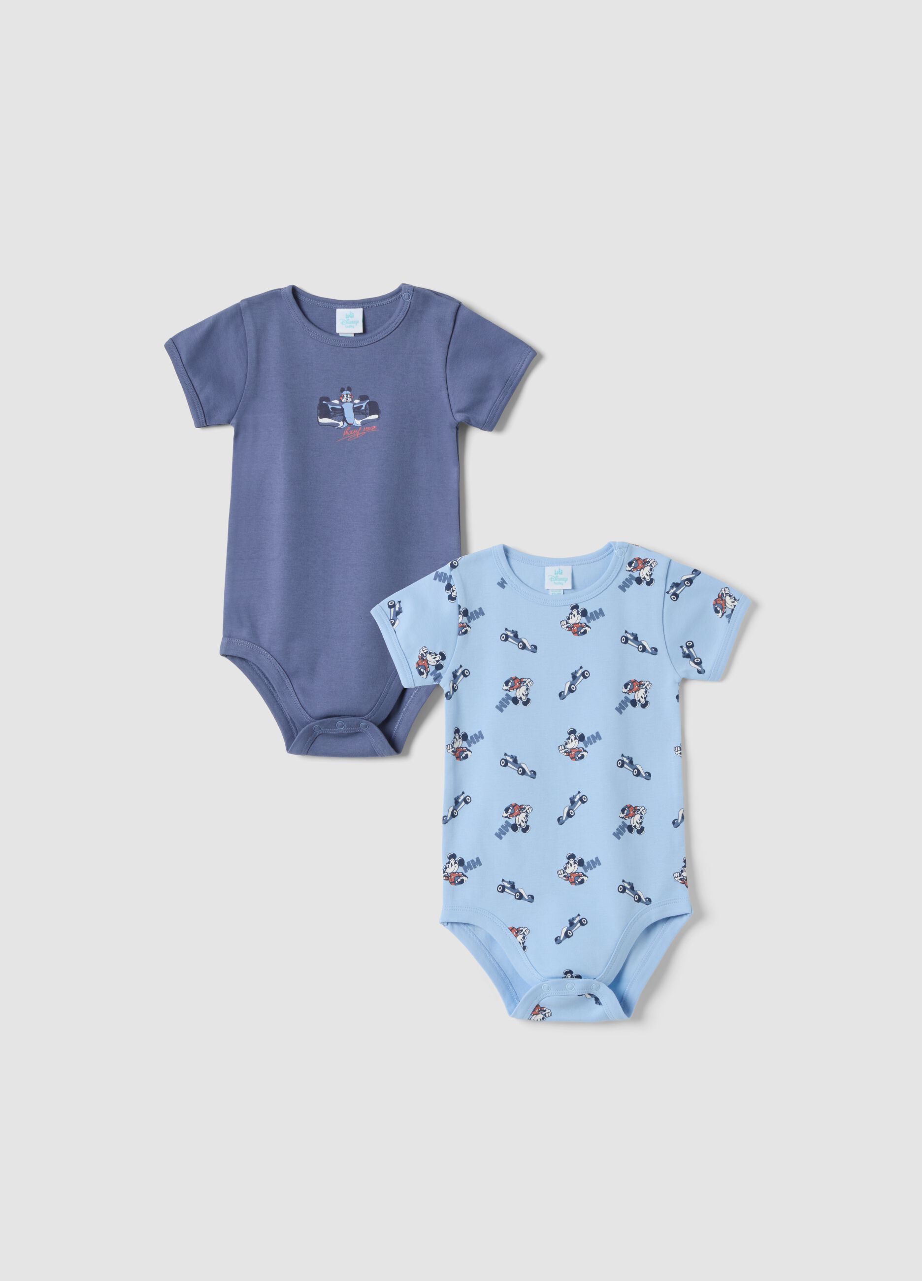 2-pack baby blue organic cotton bodysuits with Mickey print