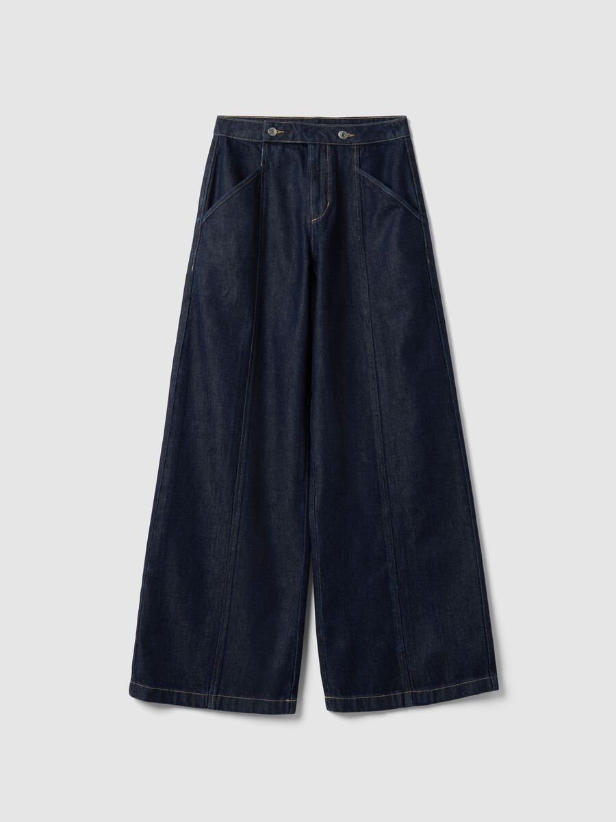 Blue Denim Wide Leg Trousers in Cotton Blend_5
